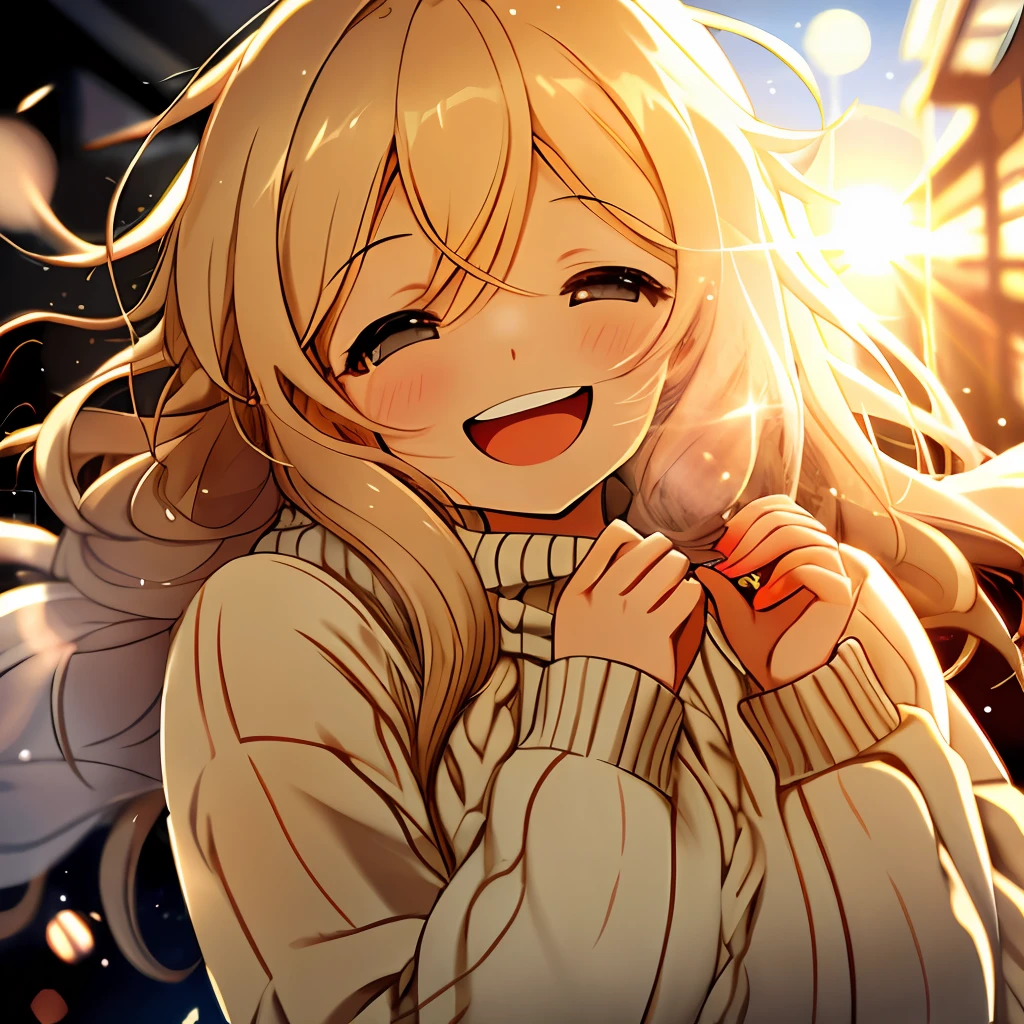 a girl, cosy sweater on, upper body, (huge Laughing:1.1), (open mouth:1.1), (wide open eyes:1.2), sun glare, bokeh, depth of field, blurry background, light particles, strong wind, (heart particles:1.1)