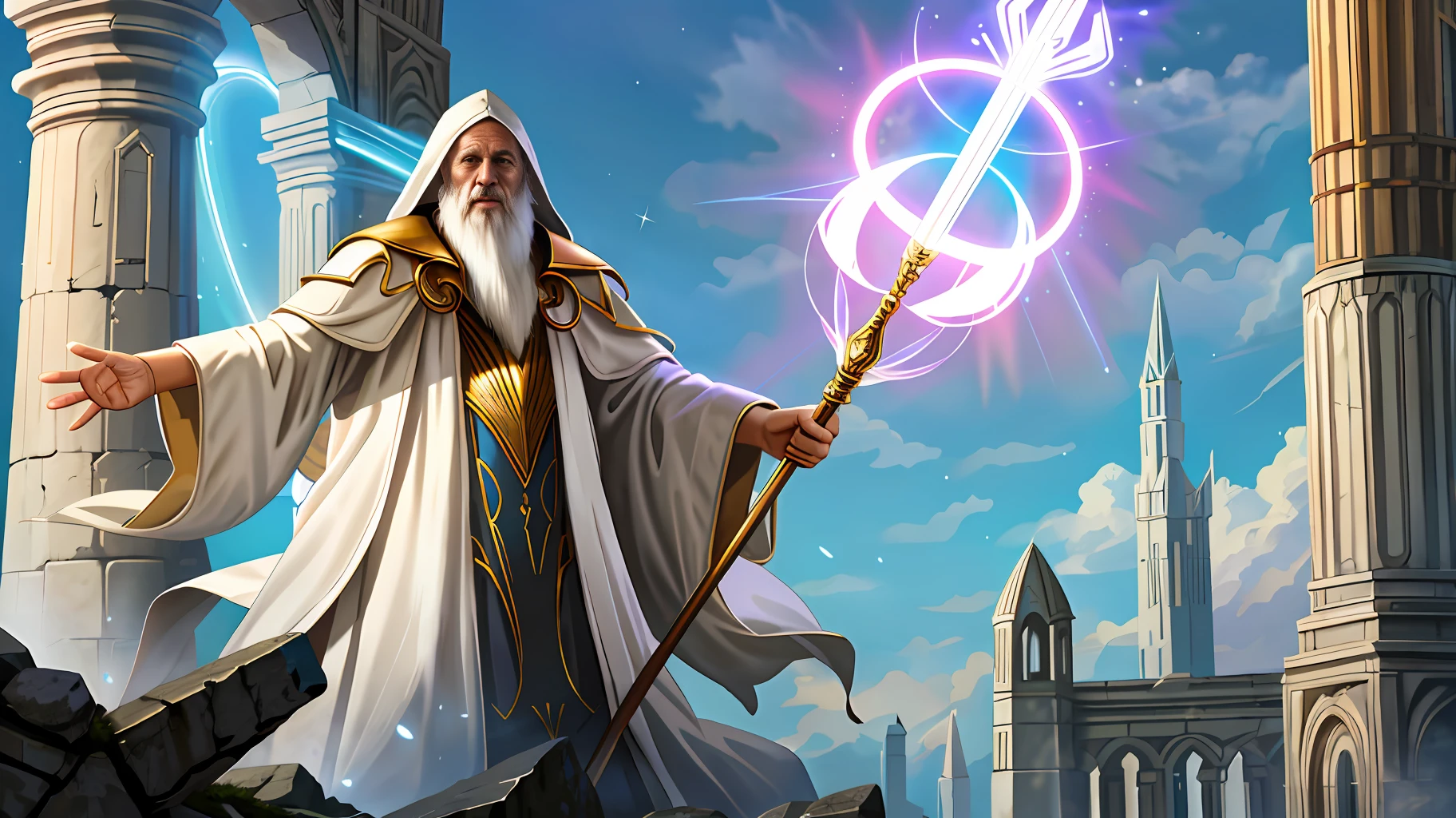 magv1ll, old wizard, white robe, holding staff, ruins, glow, magic