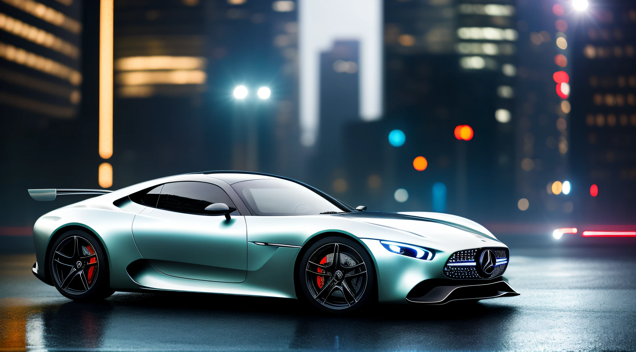 A futuristic sports car mercedes, its elegant curves and chrome body illuminated by the city lights, its shimmering reflection in the rain-soaked puddles., Futurism, social realism, ray tracing, reflective light, best quality, award-winning, textured leather, 8k, 16k, high quality, high details