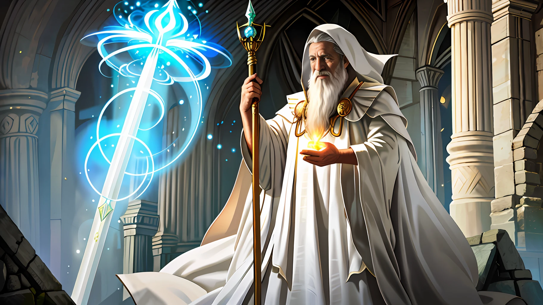 magv1ll, old wizard, white robe, holding staff, ruins, glow, magic