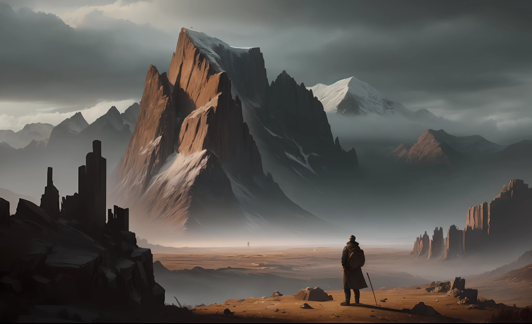 Photo of the most beautiful work of art in the world presenting a bearded in the distance of a dark, devastating landscape (vibrant, realistic photo, realistic, dramatic, dark, sharp focus, 8K), (global lighting, gloomy environment, volumetric light) highlight the landscape
