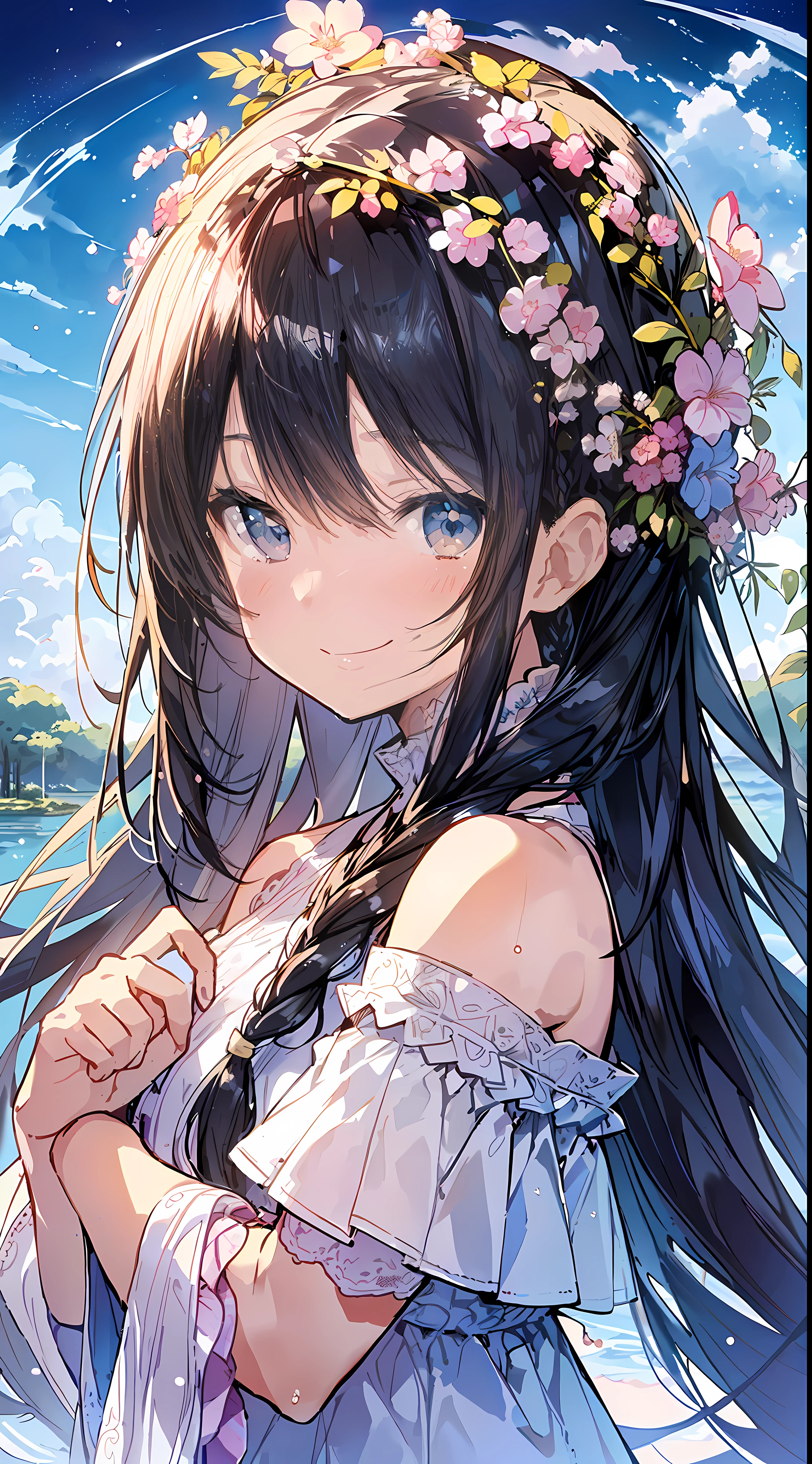 Top Quality, Masterpiece, Ultra High Definition, 8K, Summer Sky, Early Summer, (((Summer Outfit)), Shojo Manga Style Loli, One, Soft Line Art, Digital Enhancement, Shojo Manga Touch, Shojo Manga Core, Flowing Fabric, Close Up, (Hair length to shoulders and short braid)), wet hair, staring at us from the front, soft drawing, beautiful black hair, clear eyes, (((teasing smile)) , Ultra-detailed digital anime art, clear face depiction, ultra-detailed shoujo manga character art, ultra-detailed manga style, top quality colors, hand gestures, landscape with nature, looking up at the sky, angle that can be seen up to the feet