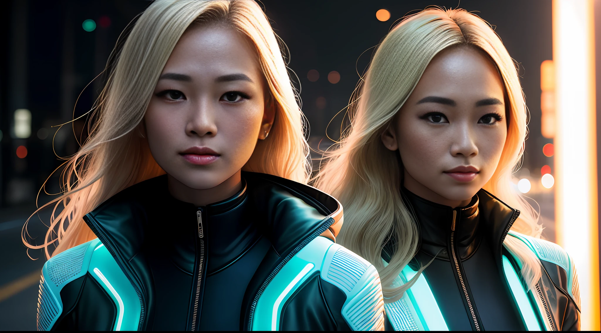 portrait photography, beautiful young thai woman with blonde hair looking off camera in glowing futuristic jacket, super realistic face, eyes visible through hair, proper eye position, natural skin, soft light, rim light, hips, in road side, detailed background, intricate , highly detail, octane render, HD, 8k, by Annie Leibovitz,120mm