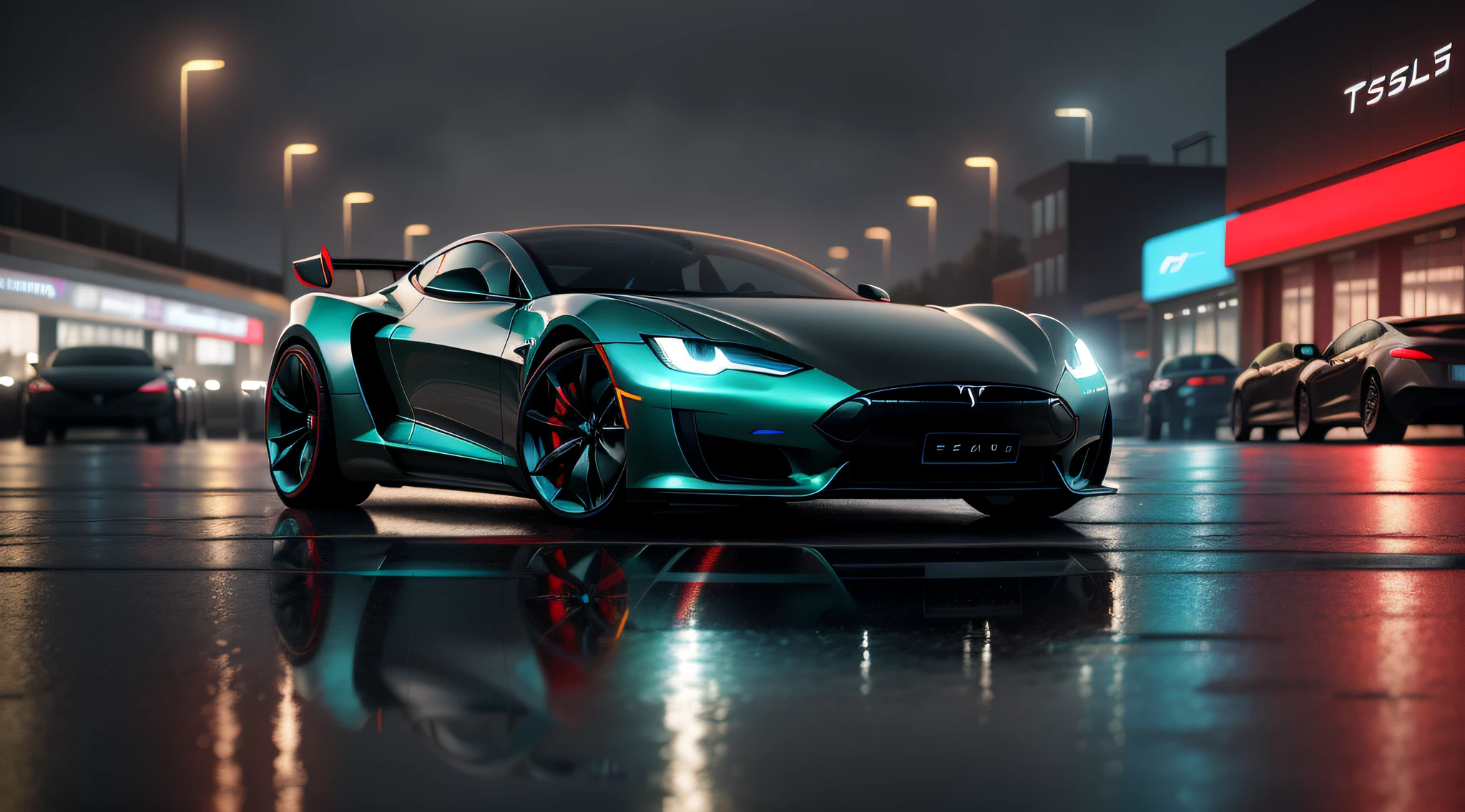 futuristic sports car tesla, in the year 2058 walking through the city at night, with rain and reflection of the car on the water, Futurism, Social realism, ray tracing, reflection light, best quality, award winning, textured skin, 8k, 16k, high quality, high details