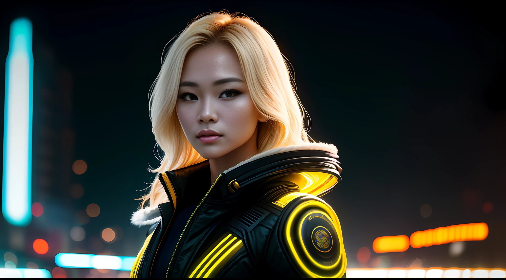 portrait photography, beautiful young thai woman with blonde hair looking off camera in glowing futuristic jacket, super realistic face, eyes visible through hair, proper eye position, natural skin, soft light, rim light, hips, in road side, detailed background, intricate , highly detail, octane render, HD, 8k, by Annie Leibovitz,120mm