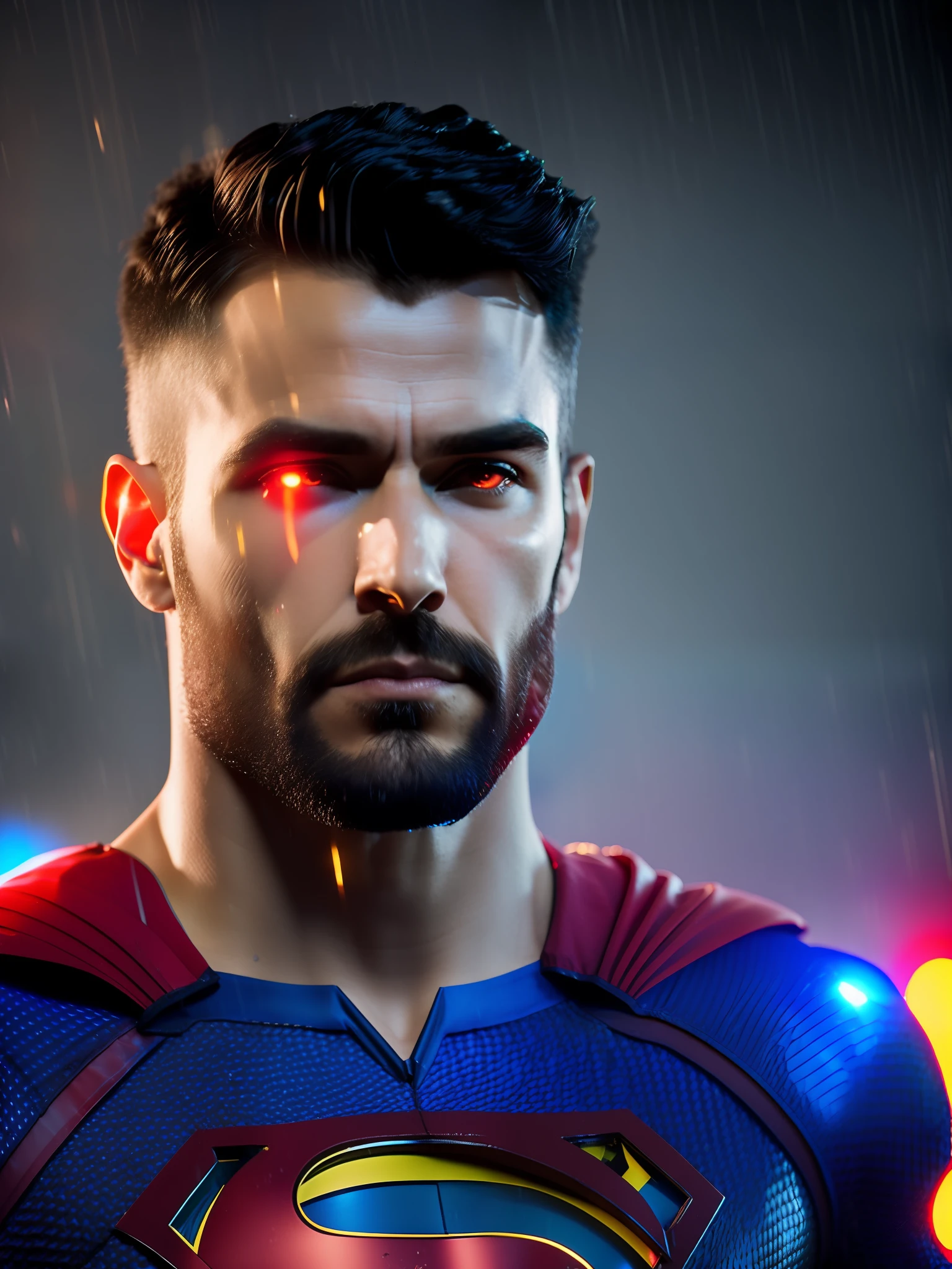 Brazil Superman award-winning photo of a man, Blue and red superhero suit, square jawline, asymmetric face, bleeding, big beard, in rain, angry, red eyes, purple light, 80mm, bokeh, mass effect, close up, fking_cinema_v2, 8k, cinematic