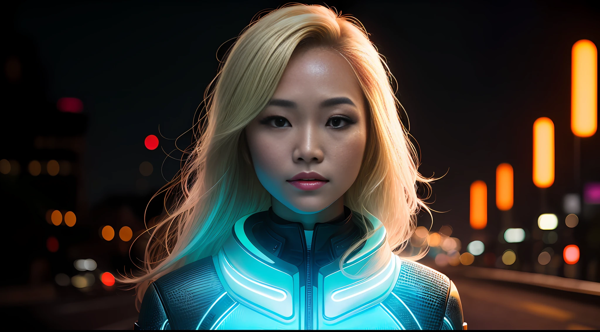 portrait photography, beautiful young thai woman with blonde hair looking off camera in glowing futuristic jacket, super realistic face, eyes visible through hair, proper eye position, natural skin, soft light, rim light, hips, in road side, detailed background, intricate , highly detail, octane render, HD, 8k, by Annie Leibovitz,120mm