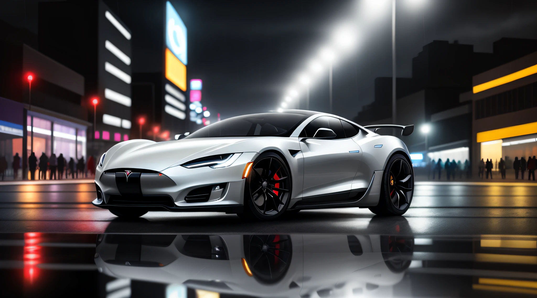 futuristic sports car tesla, in the year 2058 walking through the city at night, with rain and reflection of the car on the water, Futurism, Social realism, ray tracing, reflection light, best quality, award winning, textured skin, 8k, 16k, high quality, high details