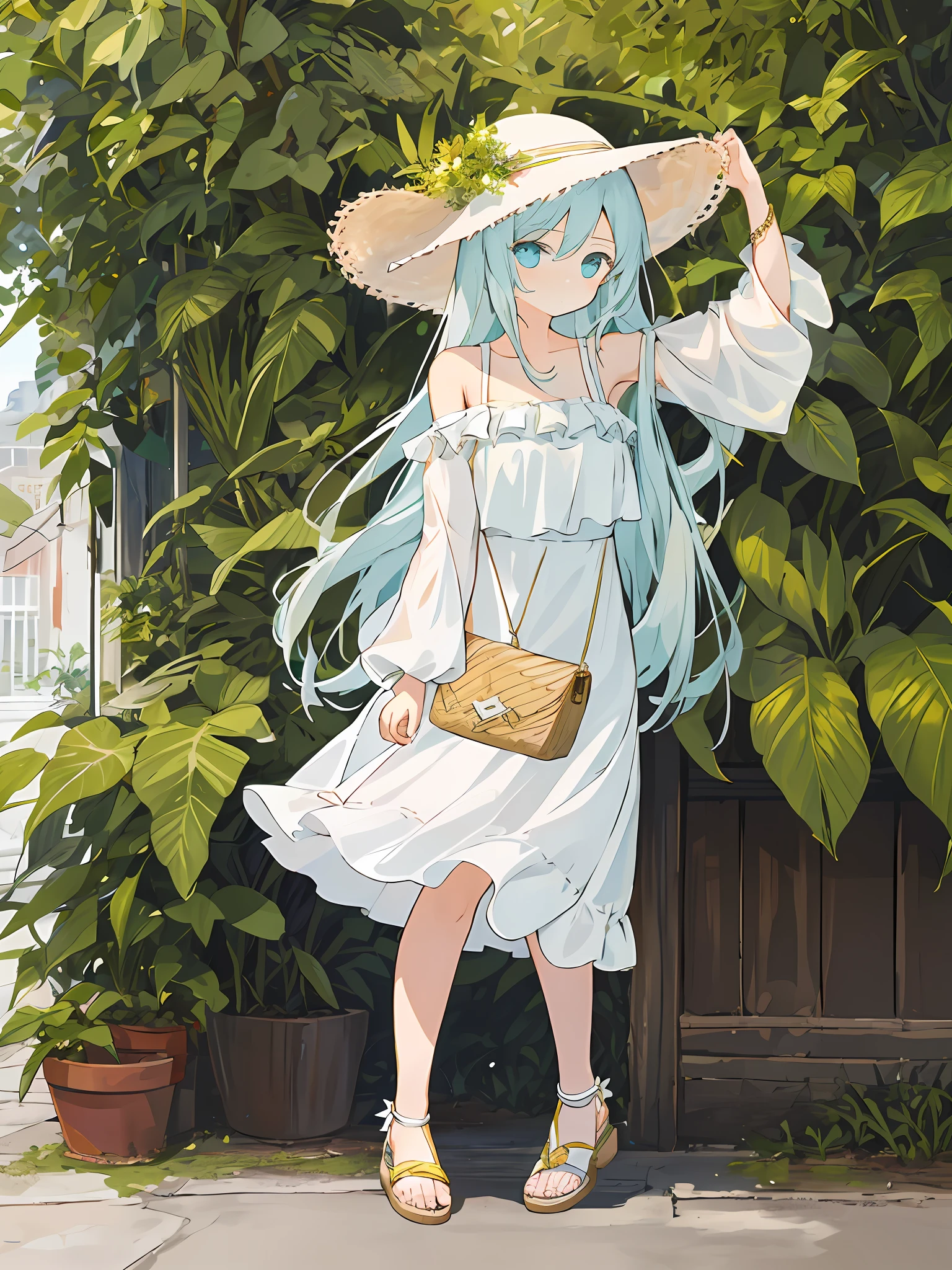 masterpiece, super, 1girl, solo, side_braidstreet, plant, (white dress), skirt, off-the-shoulder dress, off-the-shoulder, straw hat,, full body, (sunlight), sandals, blush, collarbone, white shoes, miki bag summer, miki v2,,,