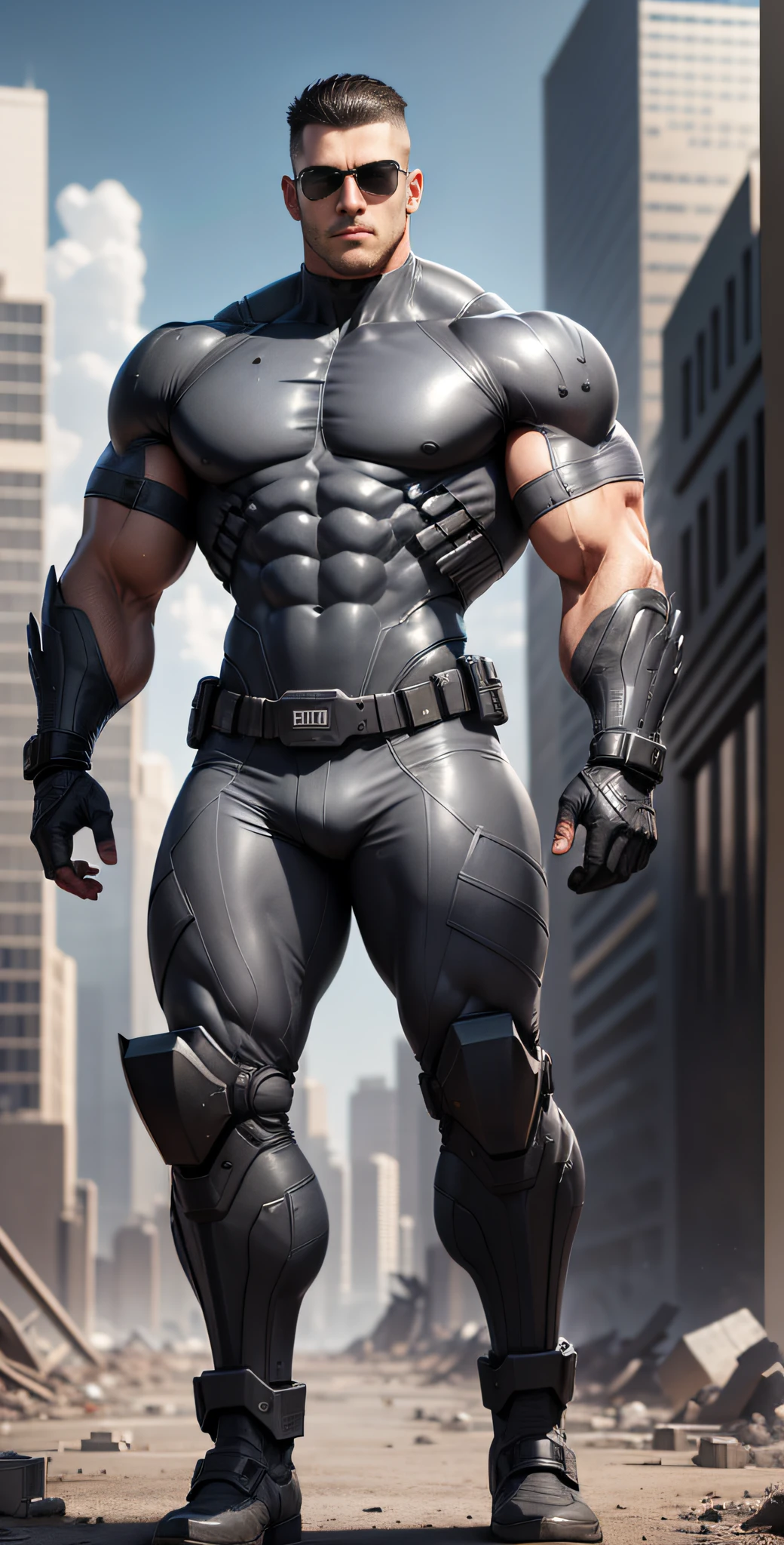 Arad man in gray, black and white clothes standing in desolate ruins, muscle male hero, Buzz cut, heroic male pose, tall and burly, muscular! Wearing black sunglasses, tall burly and strong, stealth suit, super buff and cool, high resolution committee, character design police, black military boots, attractive strong male