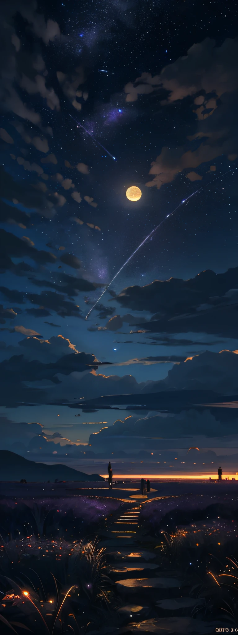 Expansive landscape photos, (view from below with a view of the sky and wilderness below), (Full Moon: 1.2), (Shooting Stars: 1.1), (Nebula: 1.3), Distant Mountains, Tree BREAK Production Art, (Warm Light Source: 1.2), (Fireflies: 1.2), Lamps, Purple and Orange, Intricate Detail, Volume Lighting BREAK (Masterpiece: 1.2), (Best Quality), 4k, Ultra Detail, ( Dynamic composition: 1.4), highly detailed and colorful details (iridescent: 1.2), dreamy, (sparkling lighting, atmospheric lighting), (Solo: 1.2)