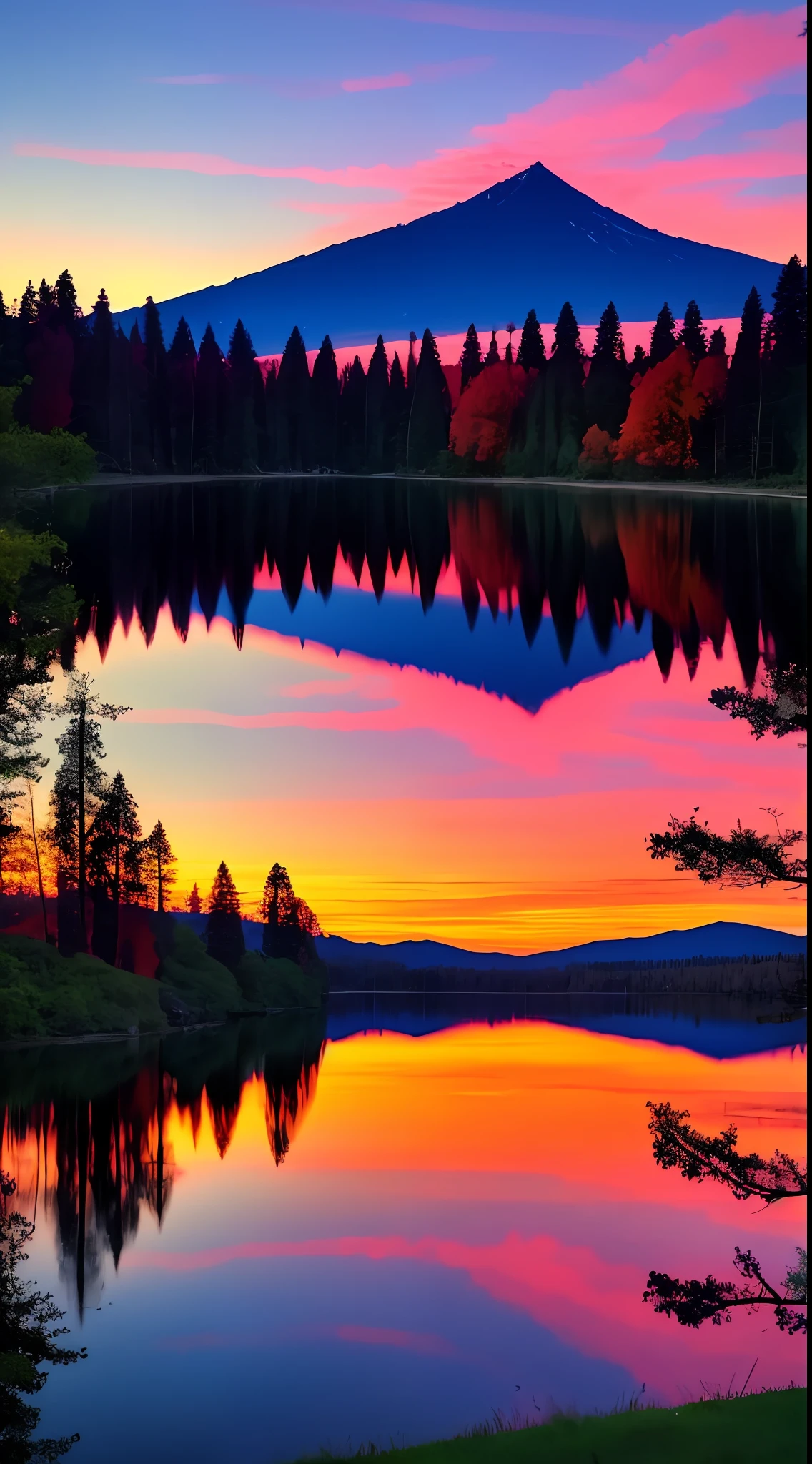 Have a beautiful sunset with lake and trees in background, colorful sky, surreal colors, colorful sunset, colorful sky, wonderful sky reflection, amazing sky, fantastic atmosphere 8K, colorful clouds, color reflection on lake, surreal sky, red and blue reflection, fire reflection, beautiful sky, beautiful and spectacular dusk, beautiful dream landscape, amazing sky, mobile screensaver