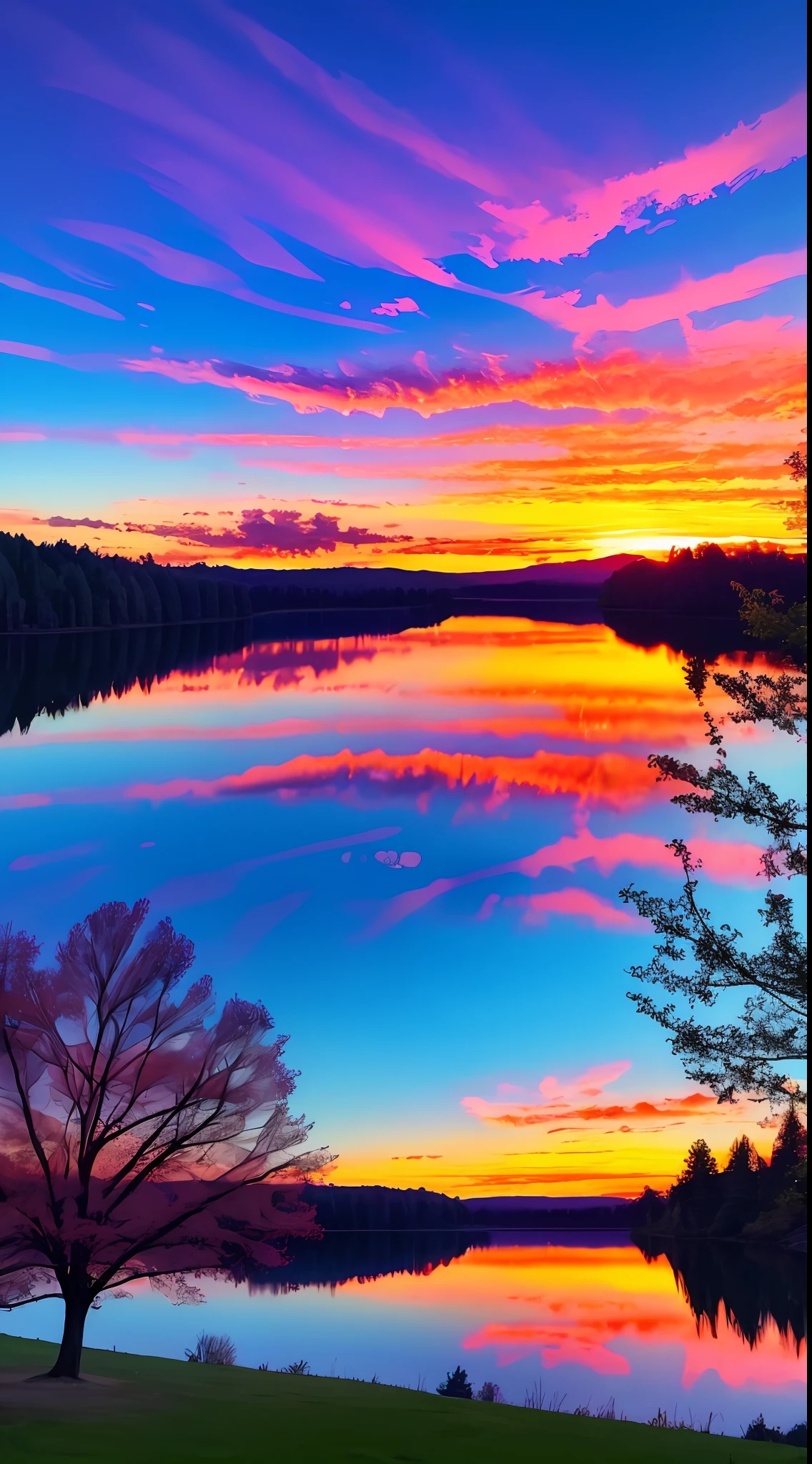 Have a beautiful sunset with lake and trees in background, colorful sky, surreal colors, colorful sunset, colorful sky, wonderful sky reflection, amazing sky, fantastic atmosphere 8K, colorful clouds, color reflection on lake, surreal sky, red and blue reflection, fire reflection, beautiful sky, beautiful and spectacular dusk, beautiful dream landscape, amazing sky, mobile screensaver
