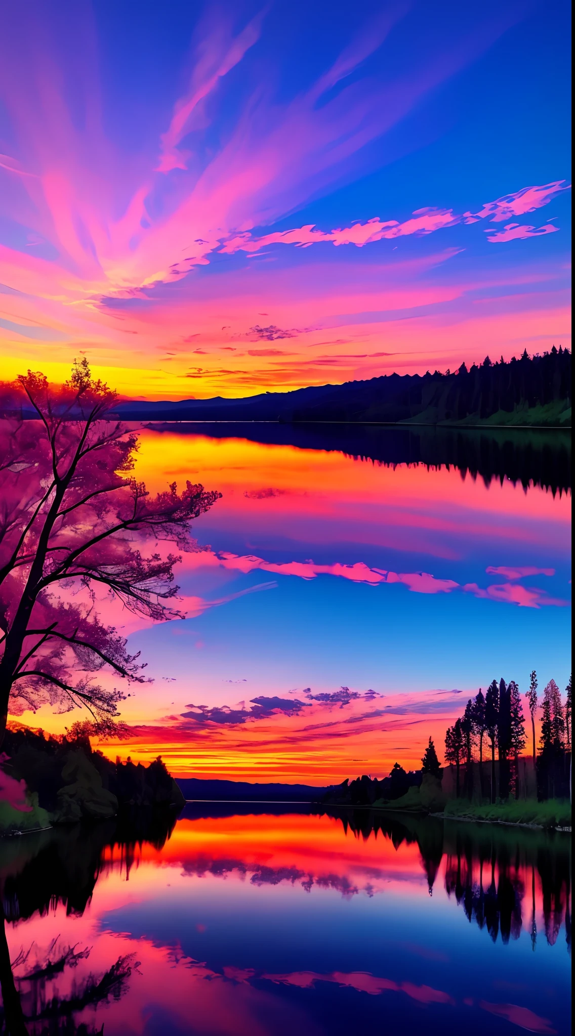 Have a beautiful sunset with lake and trees in background, colorful sky, surreal colors, colorful sunset, colorful sky, wonderful sky reflection, amazing sky, fantastic atmosphere 8K, colorful clouds, color reflection on lake, surreal sky, red and blue reflection, fire reflection, beautiful sky, beautiful and spectacular dusk, beautiful dream landscape, amazing sky, mobile screensaver