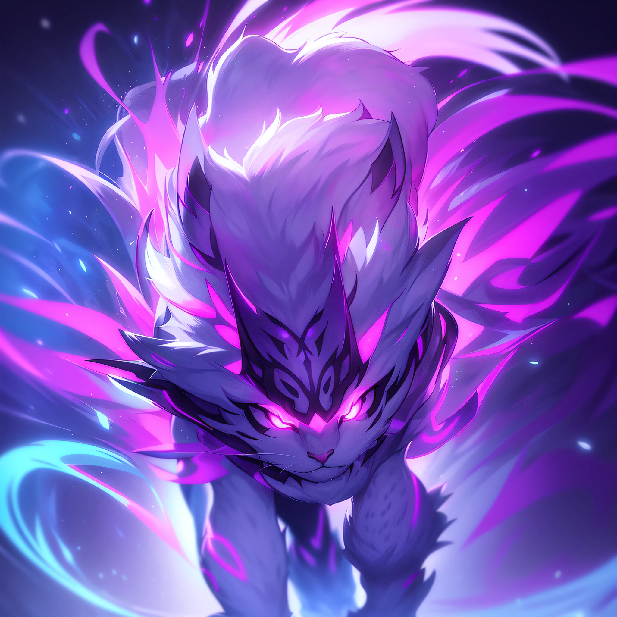 Snow leopard, snow-white fur, neon purple spots, neon purple cybernetic claws, glowing purple eyes, lurking in the undercity, glowing with sinister purple energy, masterpiece, best quality, ((In Arcanepunk style))