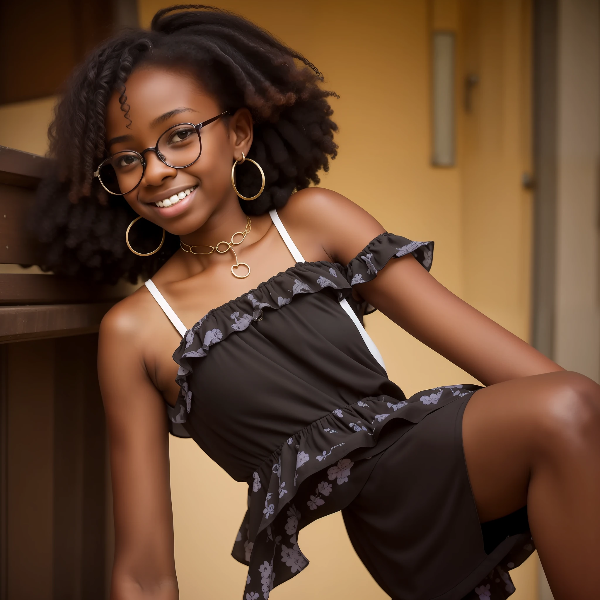young teen black girl with a flat chest wearing a cute sundress, natural hair, wearing glasses, young girl, young teen, young, smirking, smirk, smug, cocky, outside, braces on teeth, hoop ear rings, choker, hyperrealistic, ultra-detailed, 8k, candid photo, award-winning photograph