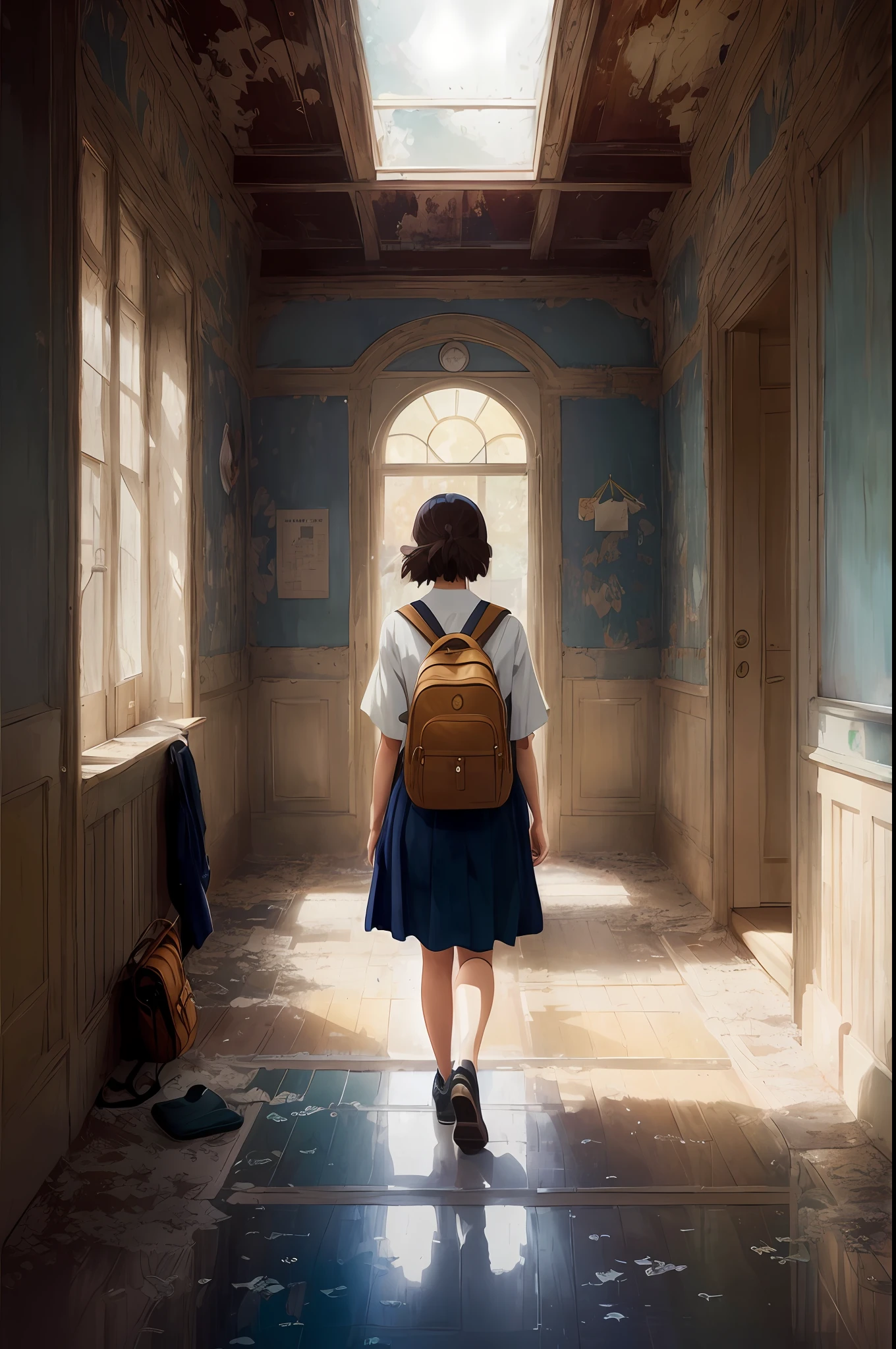 there is a woman walking down a hallway with a backpack, inspired by Michael Komarck, in a old house. hyper realistic, a hyperrealistic schoolgirl, makoto shinkai. digital render, makoto shinkai and tom bagshaw, hyperrealistic schoolgirl, makoto shinkai cyril rolando, makoto shinkai. octane render