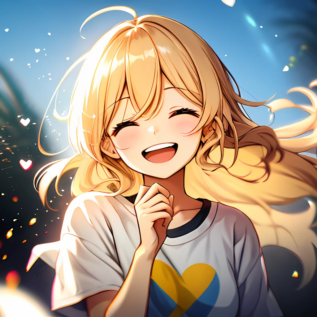 A girl, wearing a comfortable loose T-shirt, upper body, (laughs: 1.1), (open mouth: 1.1), (open eyes: 1.2), bright light, background bokeh, depth of field, blurred background, light particles, strong wind, (heart particles: 1.1)