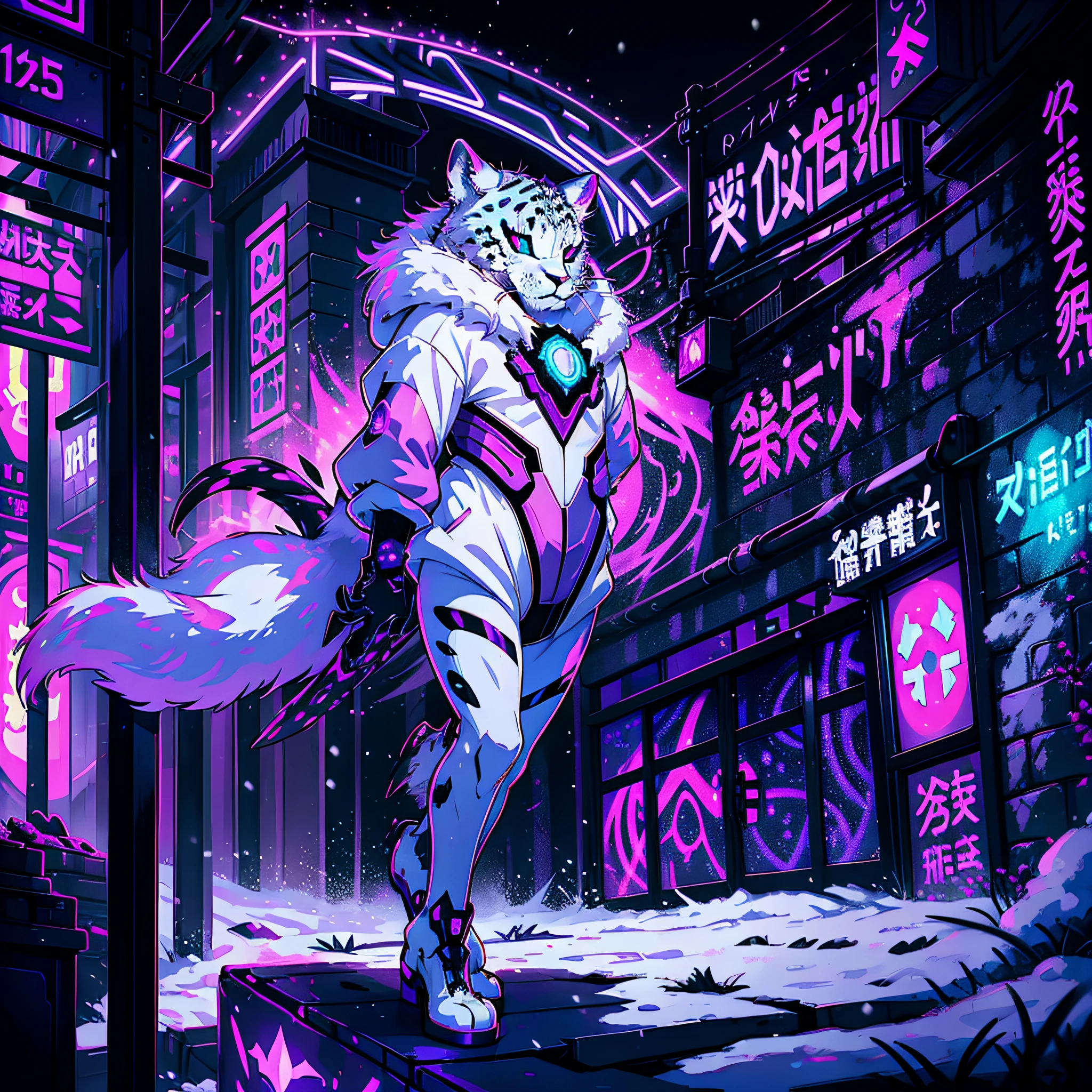 Snow leopard, snow-white fur, neon purple spots, neon purple cybernetic claws, glowing purple eyes, lurking in the undercity, glowing with sinister purple energy, masterpiece, best quality, ((In Arcanepunk style))