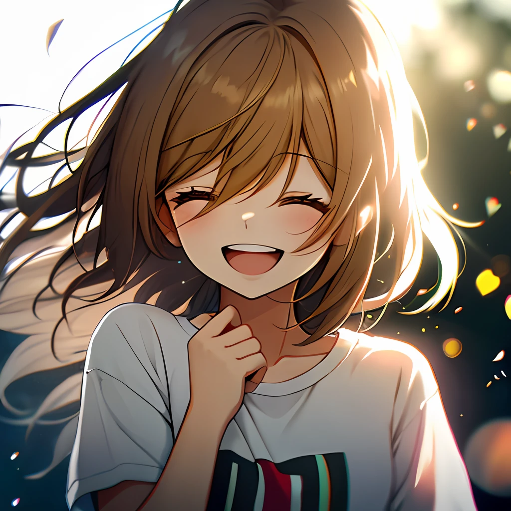 A girl, wearing a comfortable loose T-shirt, upper body, (laughs: 1.1), (open mouth: 1.1), (open eyes: 1.2), bright light, background bokeh, depth of field, blurred background, light particles, strong wind, (heart particles: 1.1)