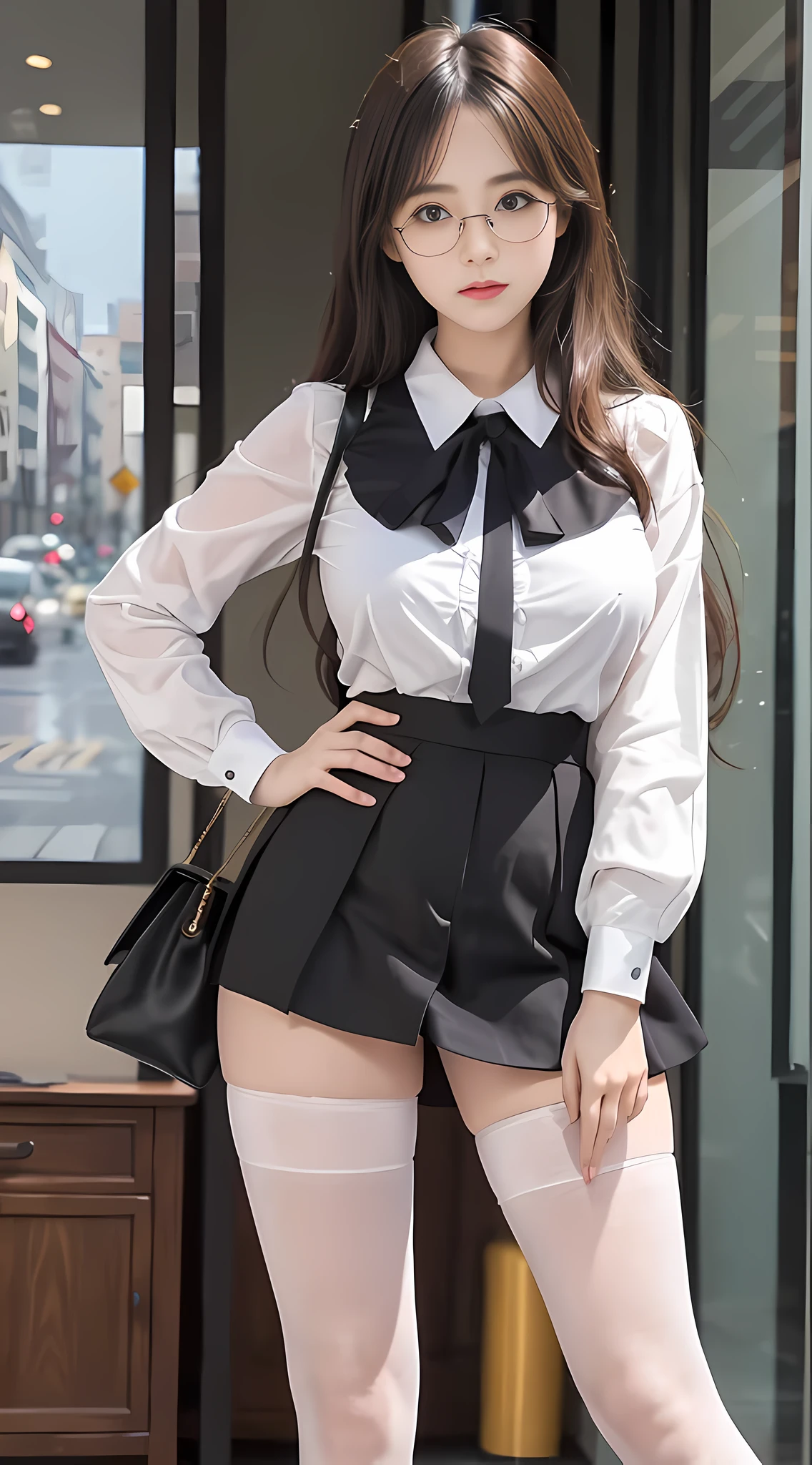 ulzzang-6500-v1.1, (raw photo:1.2), (photorealistic:1.4), beautiful detailed girl, very detailed eyes and face, beautiful detailed eyes, ridiculous, incredibly ridiculous, huge file size, super detailed, high resolution, very detailed, best quality, masterpiece, ((fashion clothing with diverse colors)), illustration, very detailed, CG, unified, 8k wallpaper, amazing, fine detail, masterpiece ,best quality, very detailed CG uniform 8k wallpaper, light on face, movie lighting, 1girl, 16 years old, long white hair, side splits, (big breasts), (no panties)), (glasses), ((dynamic pose))), ((sexy pose))), (camel toe), (half), (pantyhose)), ((black hip skirt))