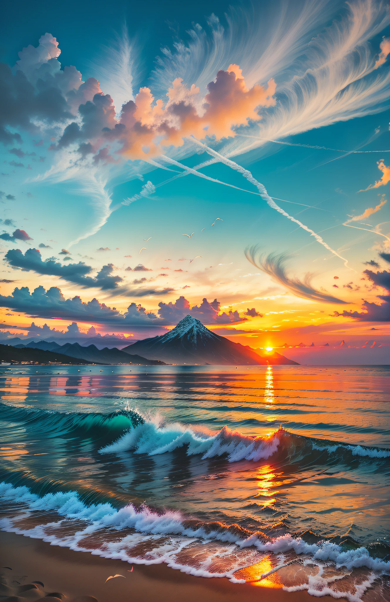 An absolutely mesmerizing sunset over the mountains, with a blend of oranges, pinks, and yellows filling the sky. Crystal-clear waters of the sea gently kissing the mountains, with sandy white beach stretching far and wide. The scene is dynamic and breathtaking, with seagulls soaring high in the sky and gently swaying palm trees. Take in the calming atmosphere and let the peacefulness wash over you.