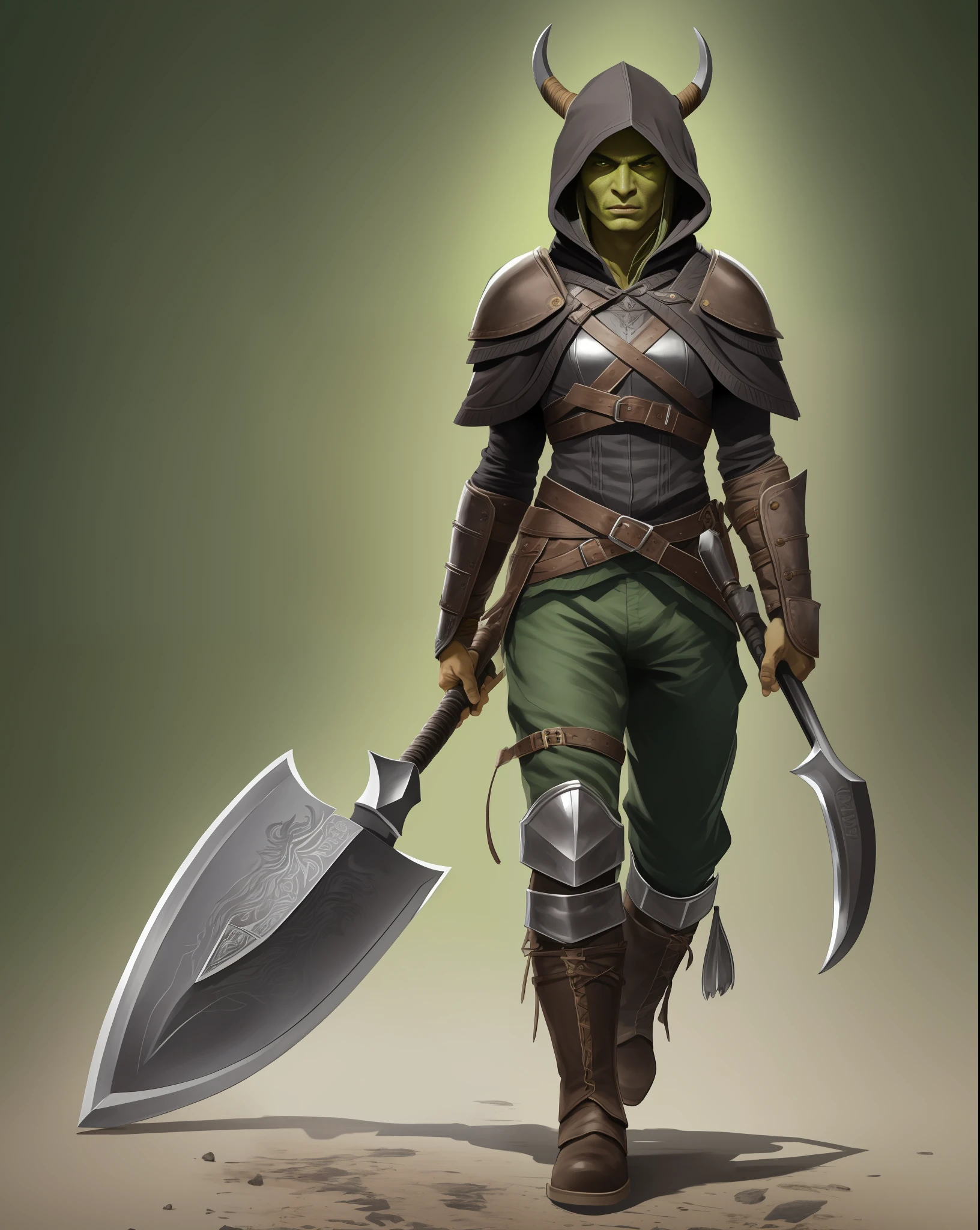 (highly detailed illustration:1.2), best quality, masterpiece, solo, full body, detailed face, detailed eyes, yellow eyes, walking upright, solid background, Leather armor, dark green cloak, hood up, green face, brown leather boots, female, female orc, orc, 1 person, medieval period, no background, holding axe, battle-axe, green skin, tusks, grey travelers pants, black shirt, tusks, one weapon