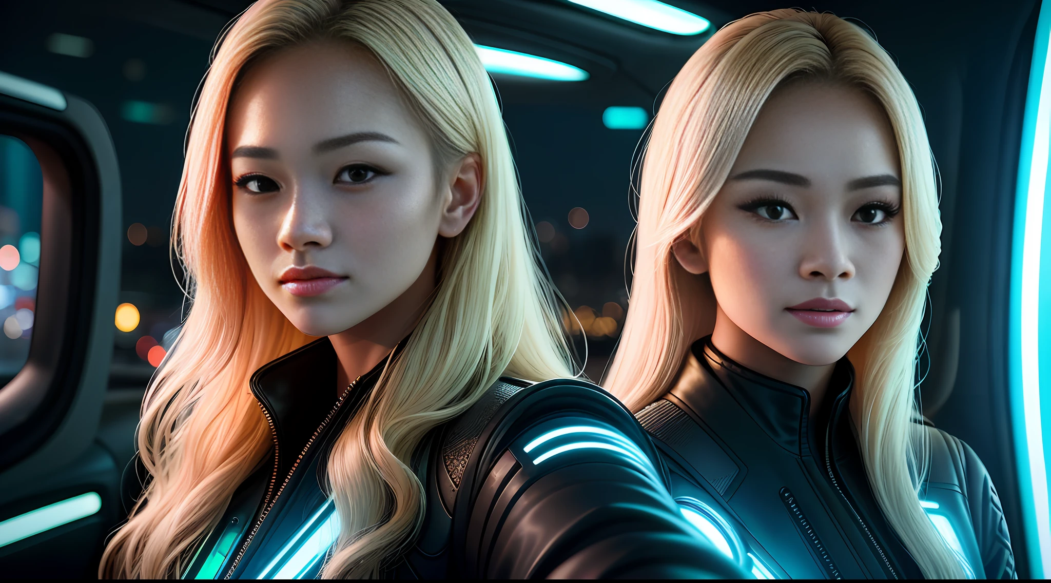 portrait photography, 5 beautiful young thai women with blonde hair taking selfie in glowing futuristic jacket, super realistic face, eyes visible through hair, proper eye position, natural skin, soft light, rim light, hips, in road side, detailed background, intricate , highly detail, octane render, HD, 8k, by Annie Leibovitz,120mm