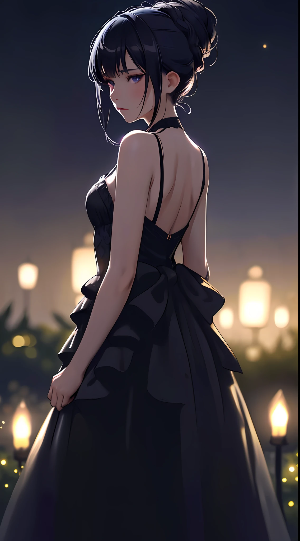 1girl, arms behind back, midnight, starry sky, colored lighting, looking at viewer, black night gown, black gown, messy bun, party, garden, black, cocktail dress, evening, lanterns, trimmed bushes, (solo focus, depth of field, ambient lighting, blurry foreground, blurry background:1.3), atmospheric, light flares, intricate details, enhanced lighting