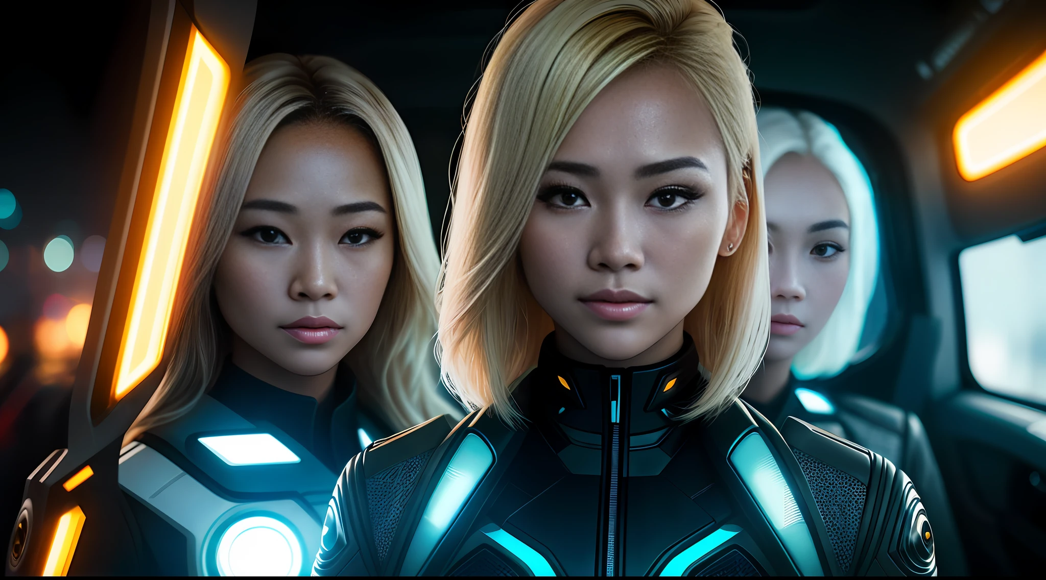 portrait photography, 5 beautiful young thai women with blonde hair taking selfie in glowing futuristic jacket, super realistic face, eyes visible through hair, proper eye position, natural skin, soft light, rim light, hips, in road side, detailed background, intricate , highly detail, octane render, HD, 8k, by Annie Leibovitz,120mm