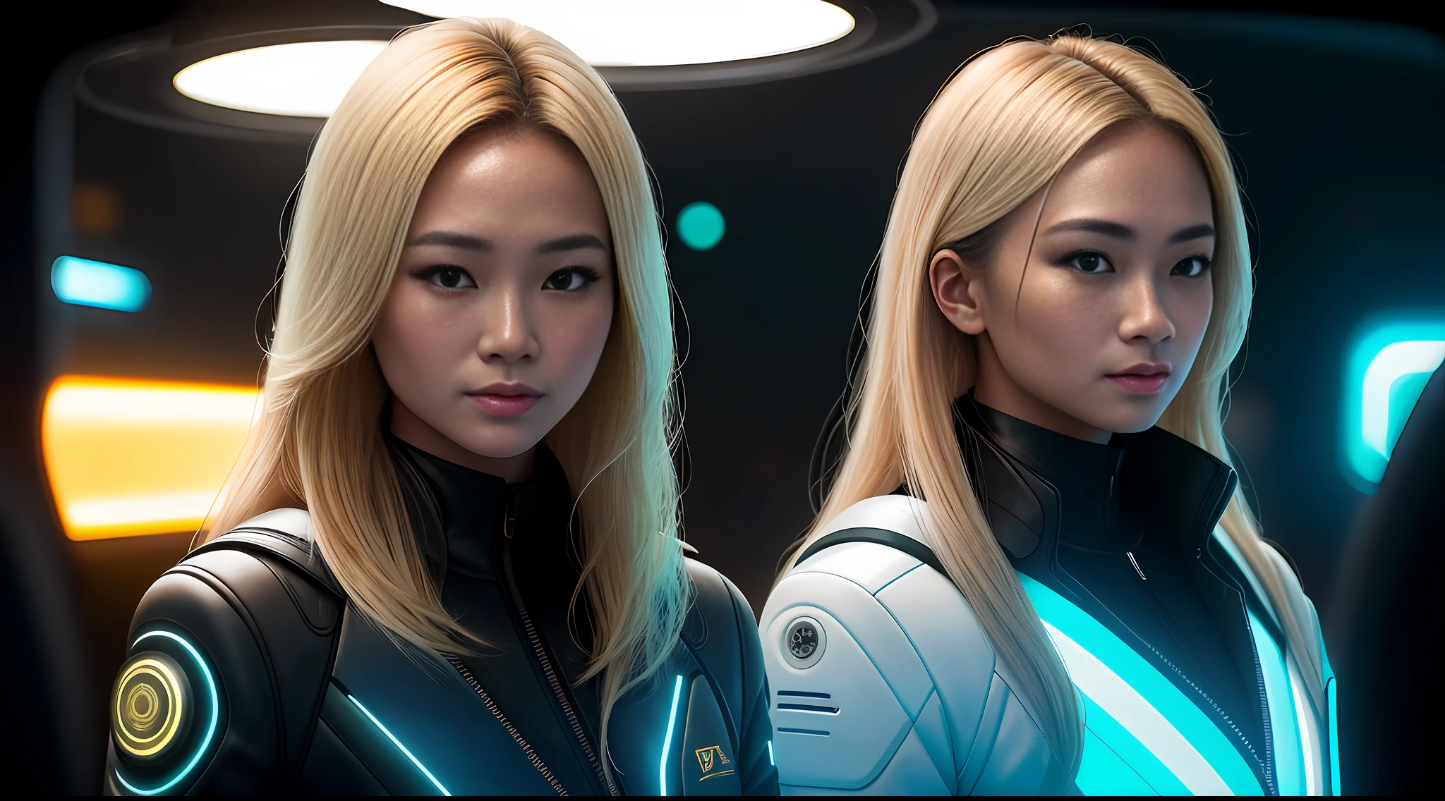 portrait photography, 5 beautiful young thai women with blonde hair taking selfie in glowing futuristic jacket, super realistic face, eyes visible through hair, proper eye position, natural skin, soft light, rim light, hips, in road side, detailed background, intricate , highly detail, octane render, HD, 8k, by Annie Leibovitz,120mm
