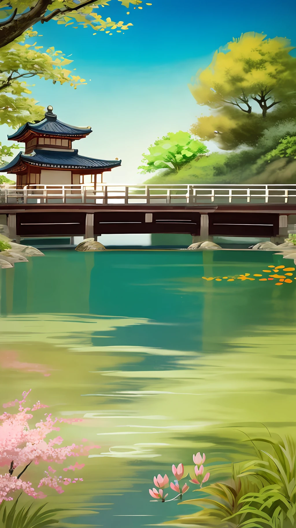 (digital painting),(best quality), (buildings:1.3), serene Japanese garden, cherry blossoms in full bloom, koi pond, footbridge, pagoda, Ukiyo-e art style, Hokusai inspiration, Deviant Art popular, 8k ultra-realistic, pastel color scheme, soft lighting, golden hour, tranquil atmosphere, landscape orientation