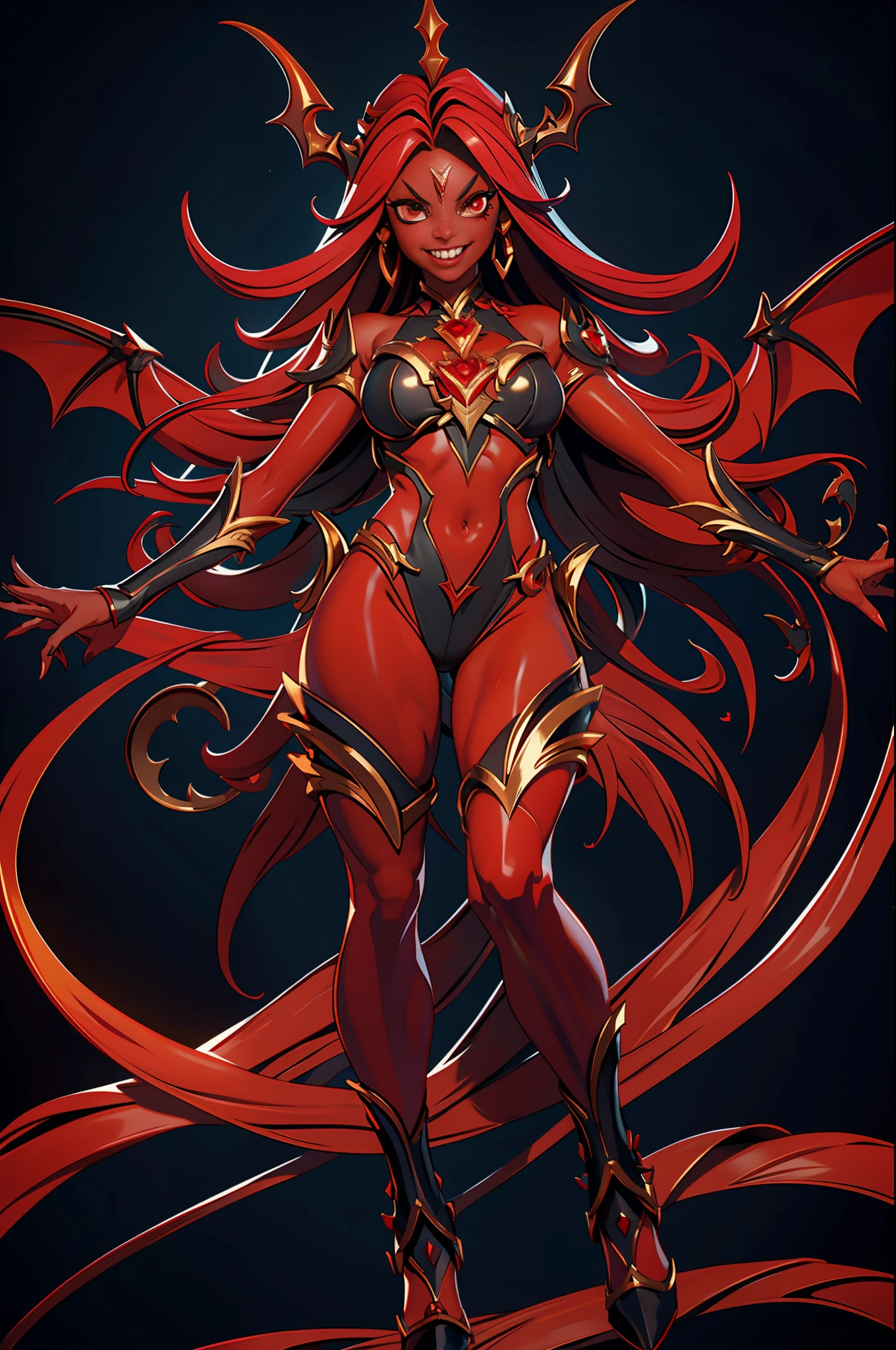 full body picture Unreal Engine 5 8K UHD of beautiful demon female, dark red skin, have 4 eyes with gold glowing, have demon wings, seductive smile, vampire teeth, have wisps flying around, destroyed world background, devouring soul of a knight, best quality, masterpiece, 8K UHD wallpaper