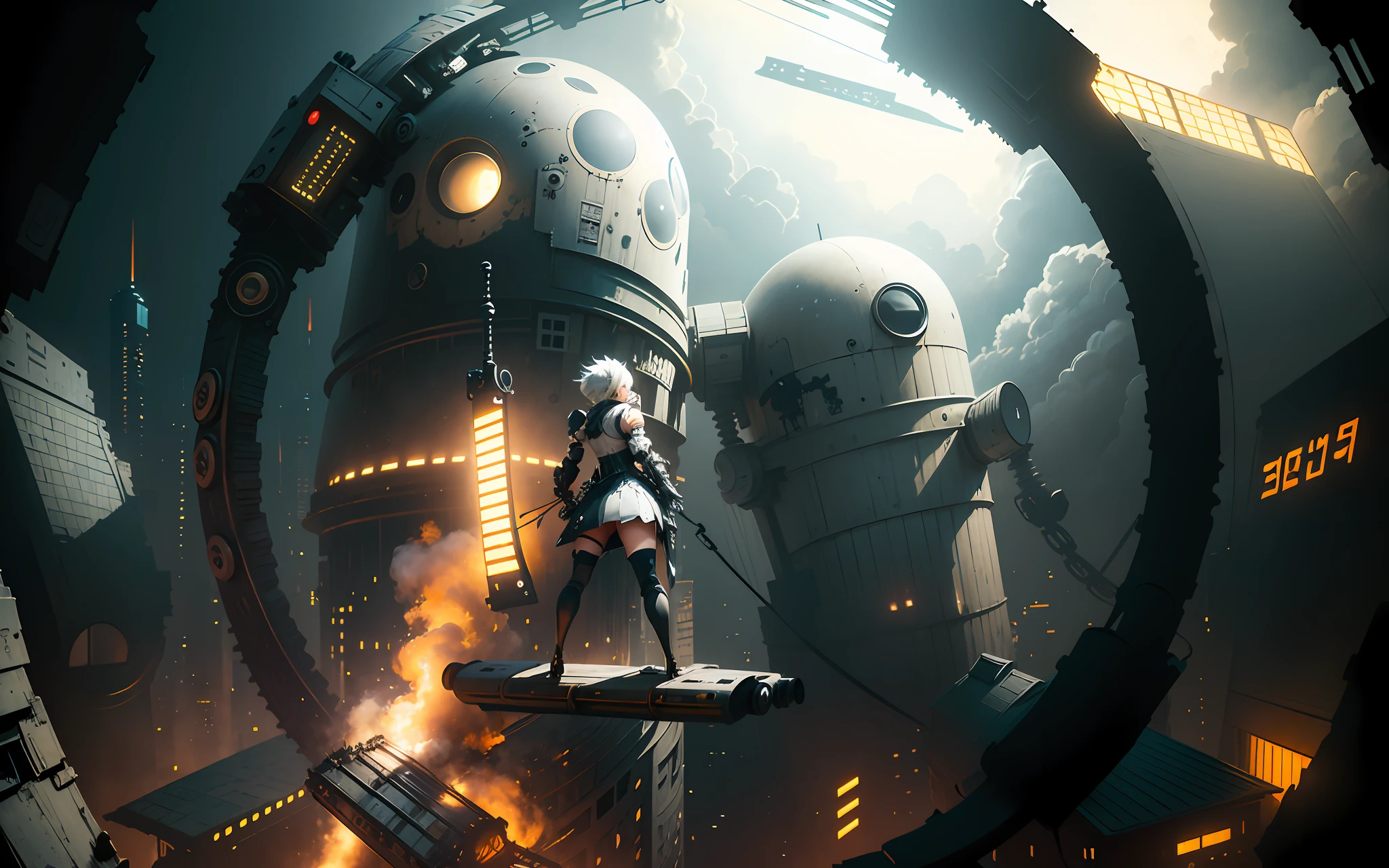 a black and white photo of a man riding a roller coaster, nier automata spaceship style, film still of 2b nier automata, nier automata concept art, nier automata concept artsyle, nier:automata inspired, nier : automata inspired, depicted as a scifi scene, yoko taro, nier, inspired by Oskar Schlemmer, nier 2 b