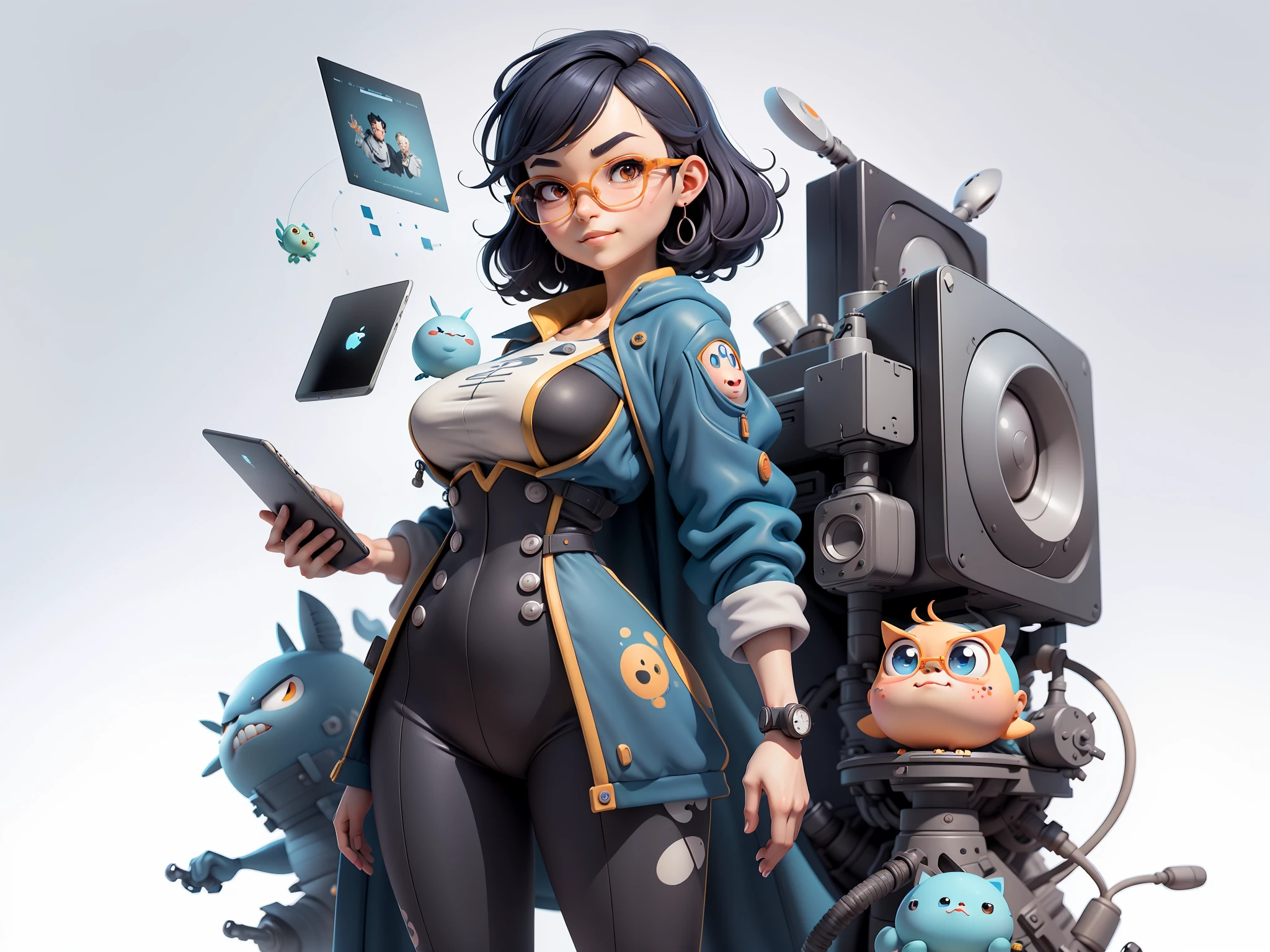 (Masterpiece), (Excellent), (Super Meticulous), (Full Body: 1.2), Super Young Woman, Beautiful, Sexy, Bursting, Oriental Face, TV Anchor, Bust Portrait Illustration, Alone, Black Suit, Blue Tie, Silver Glasses, Slightly Chubby Face, Very Clean Face, No Beard, Black Super Short Hair, Black Eyes, Confident Smile, 3c Computer Sub-Products, iPad, iPhone, Digital Painting, 3D Character Design by Mark Claireldon and Pixar and Hayao Miyazaki, The illustration is a high-definition illustration in 4K resolution with very detailed facial features and cartoon-style visuals.