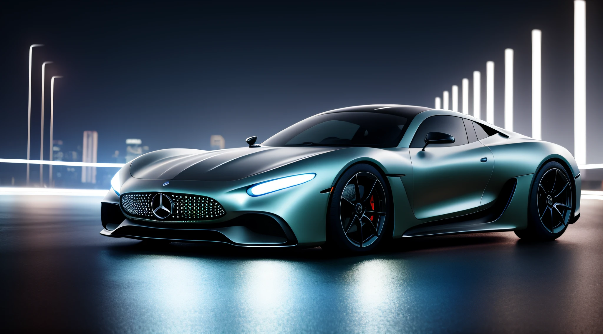A futuristic sports car mercedes, its elegant curves and chrome body illuminated by the city lights, its shimmering reflection in the rain-soaked puddles., Futurism, social realism, ray tracing, reflective light, best quality, award-winning, textured leather, 8k, 16k, high quality, high details