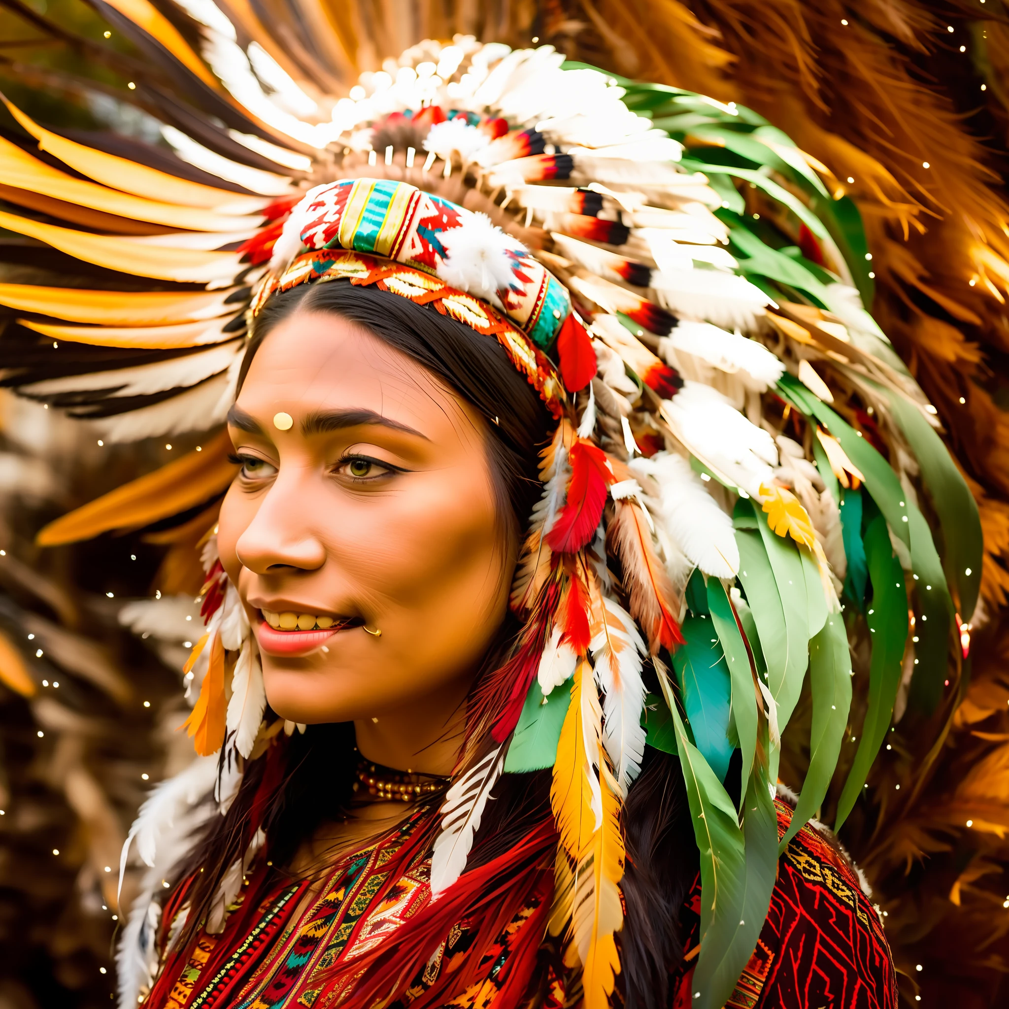 there is a woman wearing a headdress with feathers on it, feather native american headgear, feathered headdress, headdress, american indian headdress, wearing crown of bright feathers, portrait of a young pocahontas, a young female shaman, native american, ornate headdress, aztec princess portrait, profile shot, beautiful young wind spirit, girl with feathers