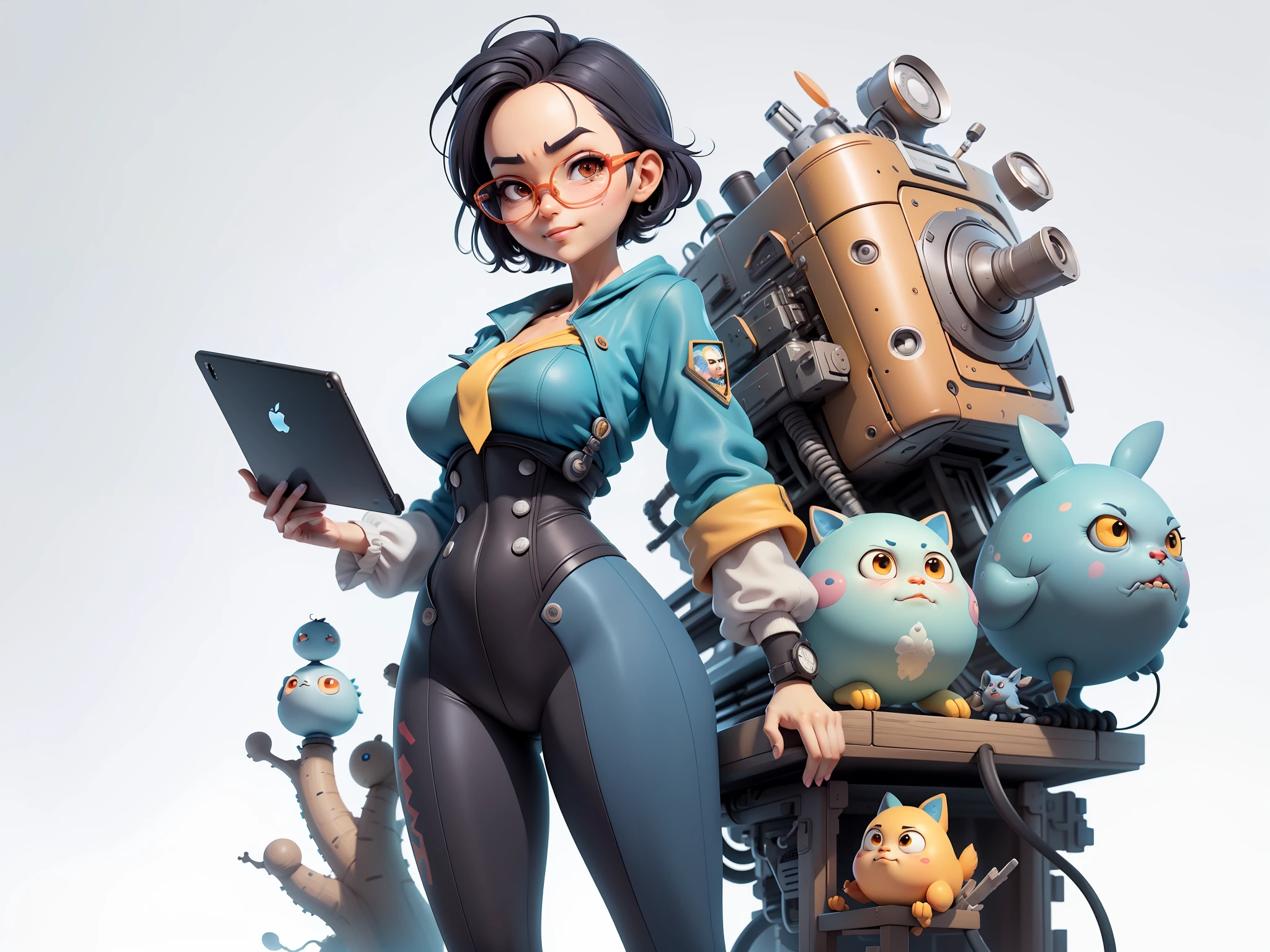 (Masterpiece), (Excellent), (Super Meticulous), (Full Body: 1.2), Super Young Woman, Beautiful, Sexy, Bursting, Oriental Face, TV Anchor, Bust Portrait Illustration, Alone, Black Suit, Blue Tie, Silver Glasses, Slightly Chubby Face, Very Clean Face, No Beard, Black Super Short Hair, Black Eyes, Confident Smile, 3c Computer Sub-Products, iPad, iPhone, Digital Painting, 3D Character Design by Mark Claireldon and Pixar and Hayao Miyazaki, The illustration is a high-definition illustration in 4K resolution with very detailed facial features and cartoon-style visuals.
