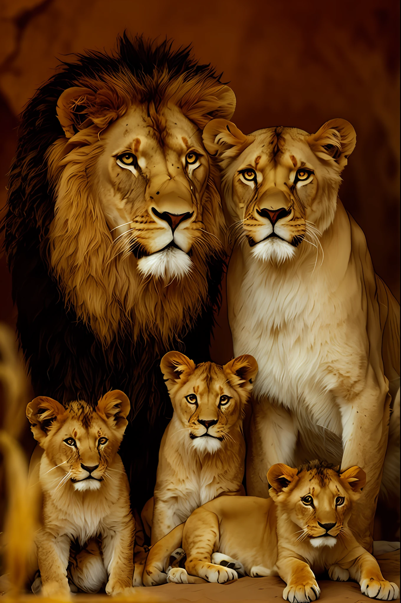 there are a lot of lions that are together, lions, family portrait, proud look, trend,, simba, mane, lion, family photo, lioness, wild animals, on black background, black background, fundonescuro, cave, stone cave, photo of a beautiful, majesty, cub, by Linda Sutton, by Micha Klein, by Scott M. Fischer, by László Balogh
