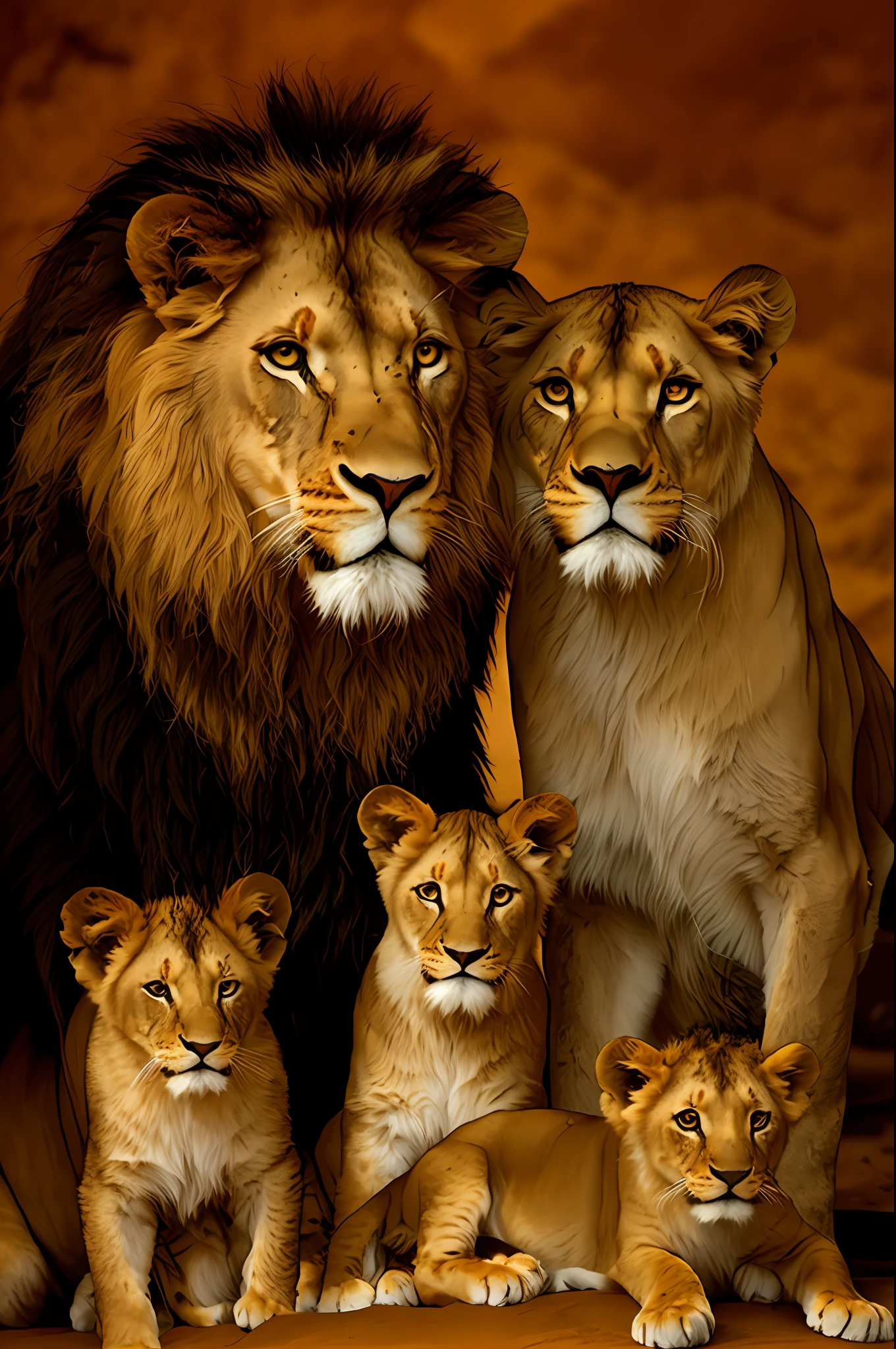 there are a lot of lions that are together, lions, family portrait, proud look, trend,, simba, mane, lion, family photo, lioness, wild animals, on black background, black background, fundonescuro, cave, stone cave, photo of a beautiful, majesty, cub, by Linda Sutton, by Micha Klein, by Scott M. Fischer, by László Balogh