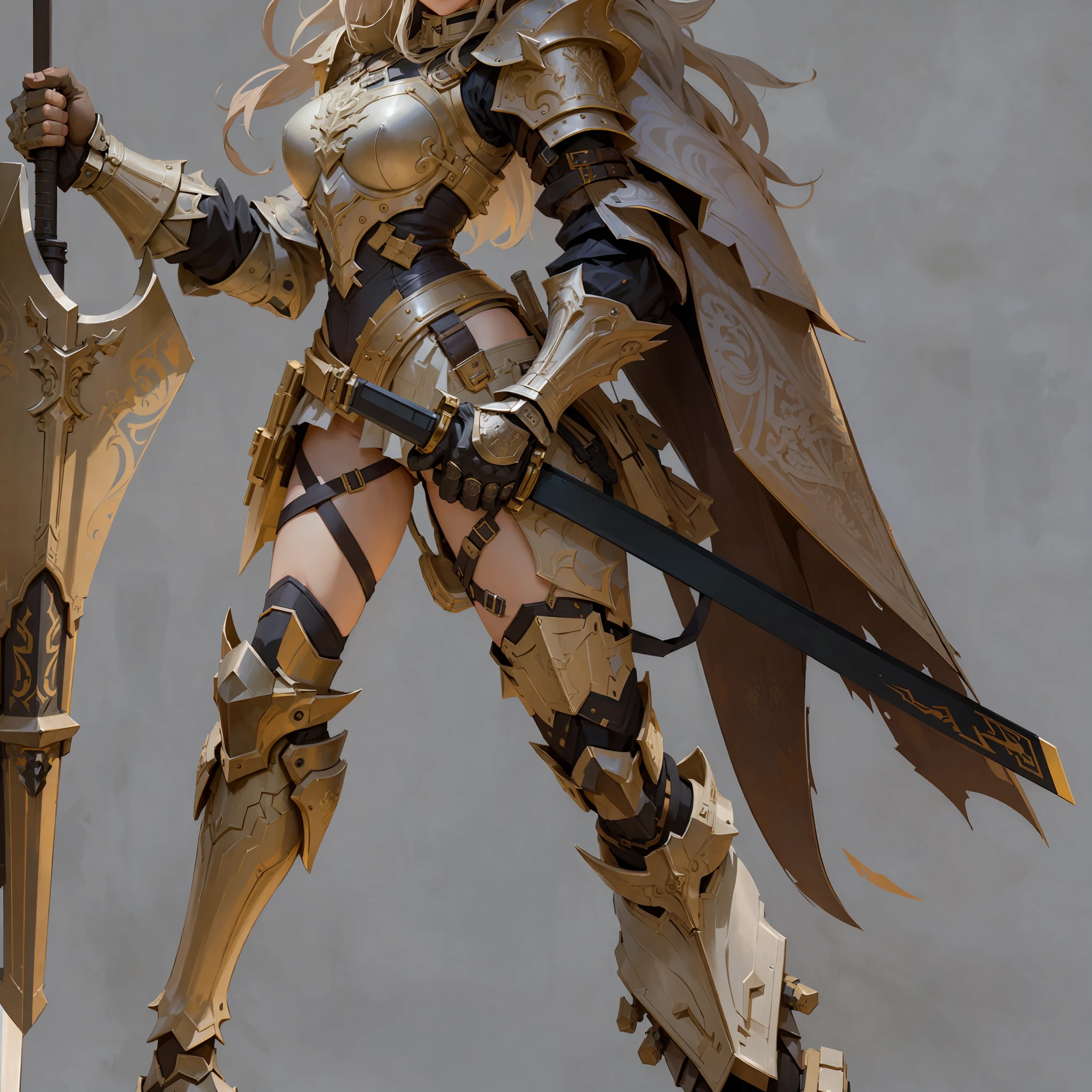 A girl holding a riding gun and wearing armor, holding a riding gun, holding a sword, partially nude, asymmetrical, original art setting, half-body leather armor, character design, concept design, riding gun, metal armor, intricate pattern decoration, scabbard, white background,