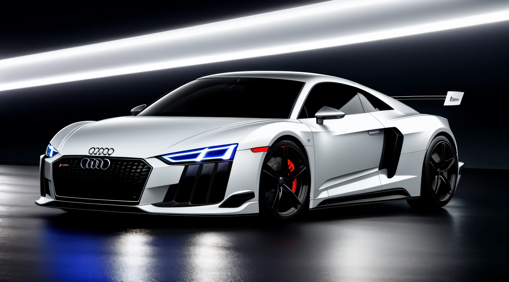 A futuristic Audi sports car, with open doors, its elegant curves and chrome body illuminated by the city lights, its shimmering reflection in the rain-soaked puddles., Futurism, social realism, ray tracing, reflective light, best quality, award-winning, textured leather, 8k, 16k, high quality, high details