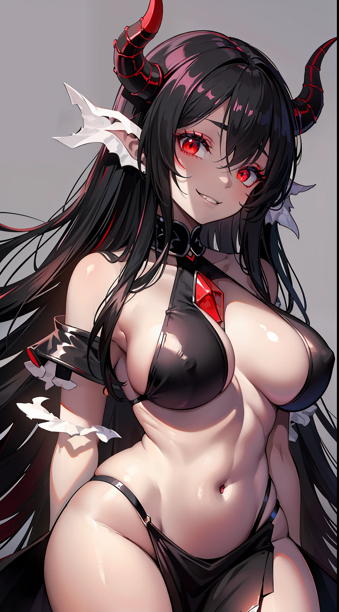Young black girl, black skin, long white hair, demon horns, red eyes, demon princess dress, open breasts, inner sideboob, underboob, wide neckline, smirk, open belly, masterpiece, high quality