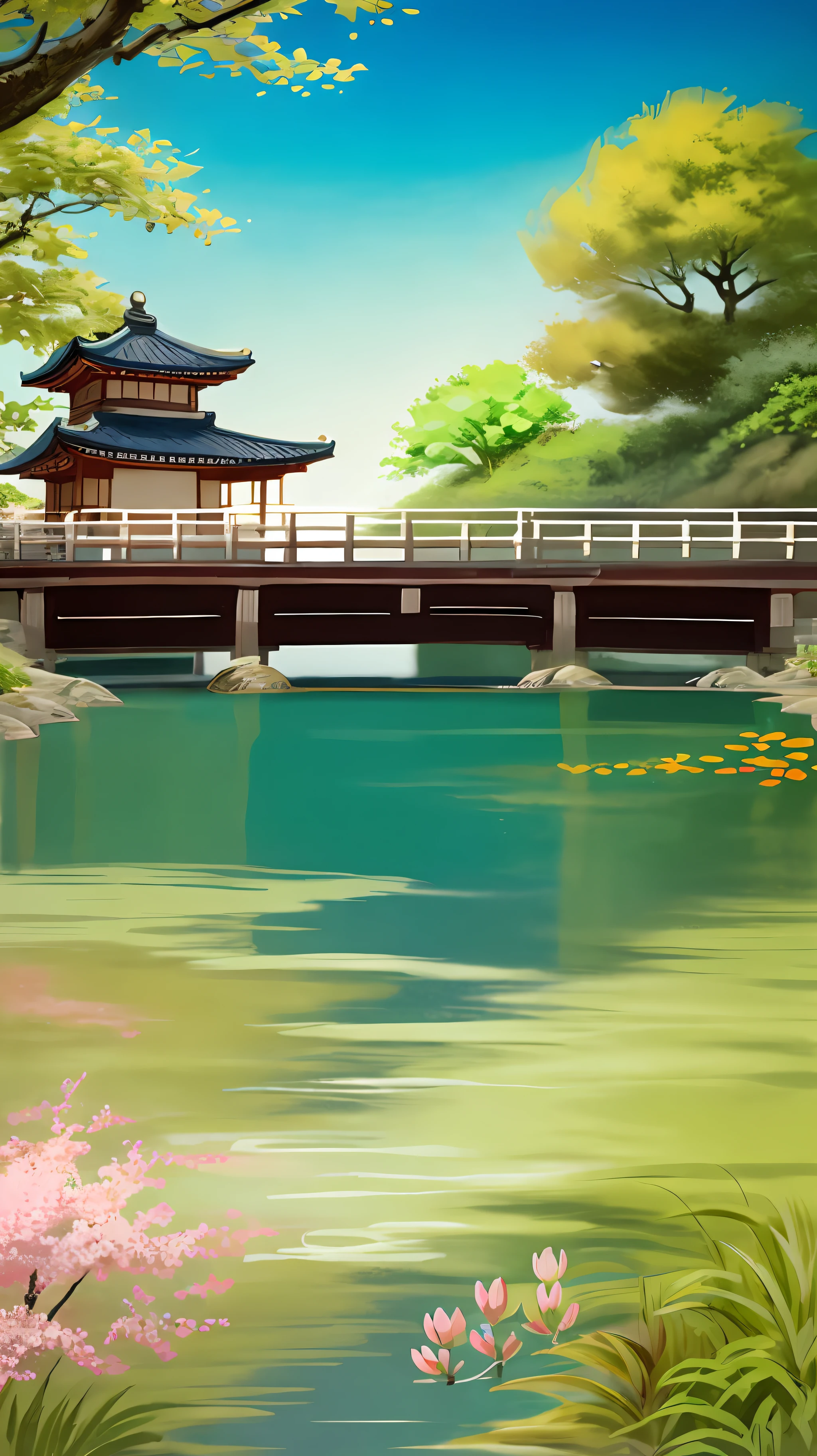 (digital painting),(best quality), (buildings:1.3), serene Japanese garden, cherry blossoms in full bloom, koi pond, footbridge, pagoda, Ukiyo-e art style, Hokusai inspiration, Deviant Art popular, 8k ultra-realistic, pastel color scheme, soft lighting, golden hour, tranquil atmosphere, landscape orientation