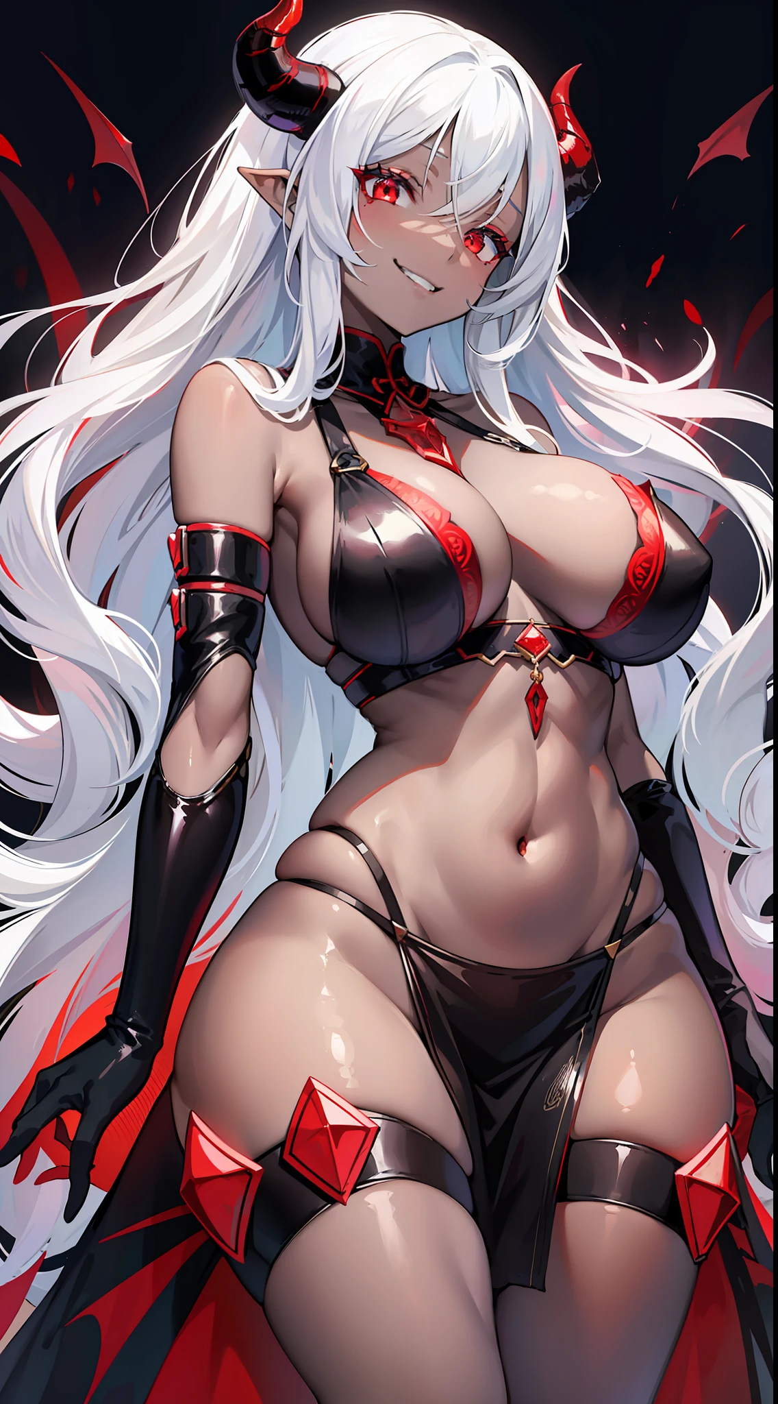 Young black girl, black skin, long white hair, demon horns, red eyes, demon princess dress, open breasts, inner sideboob, underboob, wide neckline, smirk, open belly, masterpiece, high quality