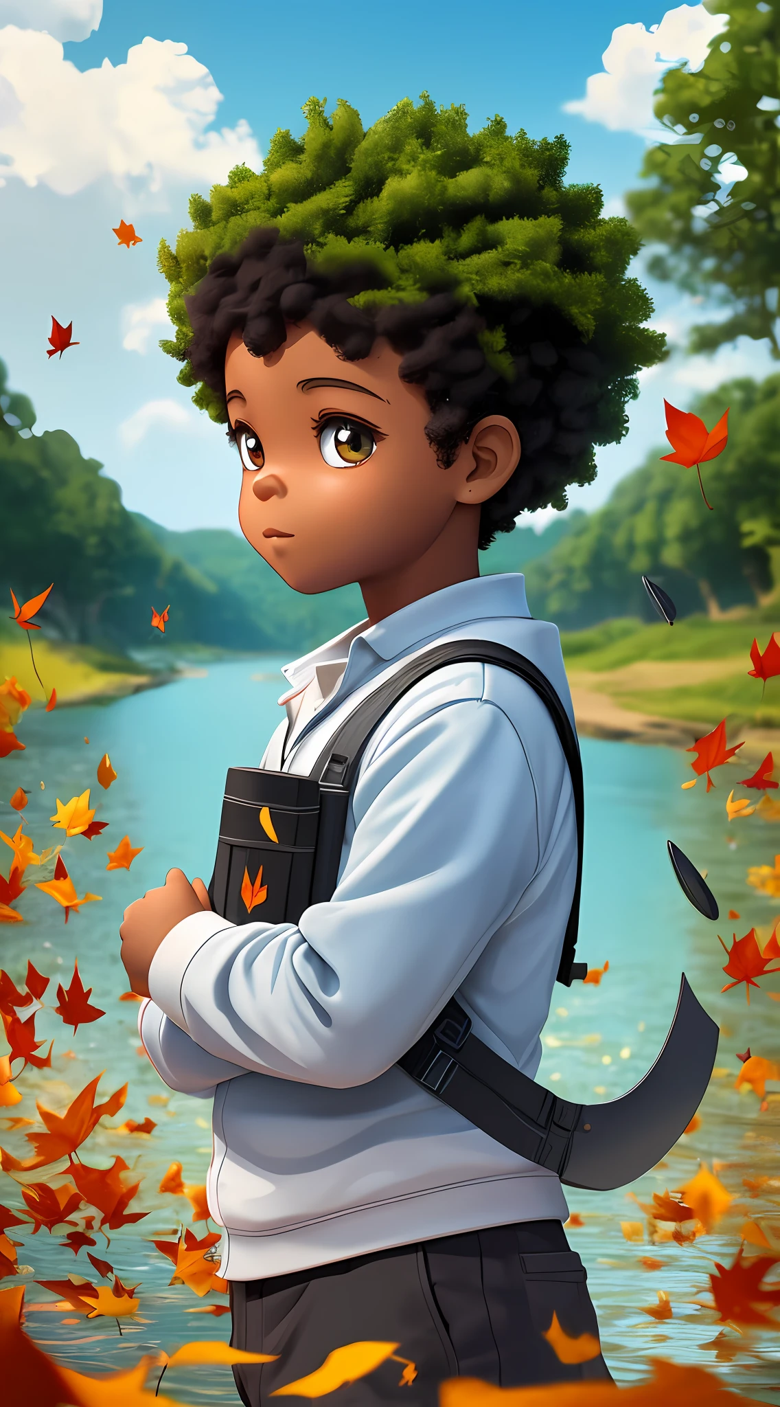 3D chibi a happy cartoon character in front of a lake, ((((leaves blown to the wind)) black boy, ((big fish eyes)), gentle eyes, movie art, clean shot, ghailan!, like a pixar character, cute child, afro military, (((whole body)))), grace and blessing, rendered in unreal, promotional image of the movie, rendered luxury image - --ar 2:3 --auto --s2