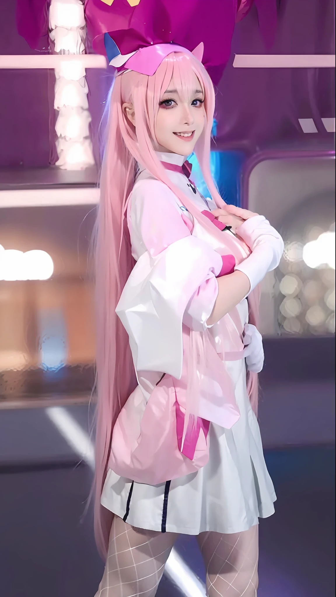 a close up of a person in a costume with a pink hat, pink twintail hair and cyan eyes, belle delphine, anime girl cosplay, anime cosplay, holo, cute anime waifu in a nice dress, holding a pudica pose, anime girl with long hair, cosplay, anime girl in real life, long flowing pink hair, anime goddess