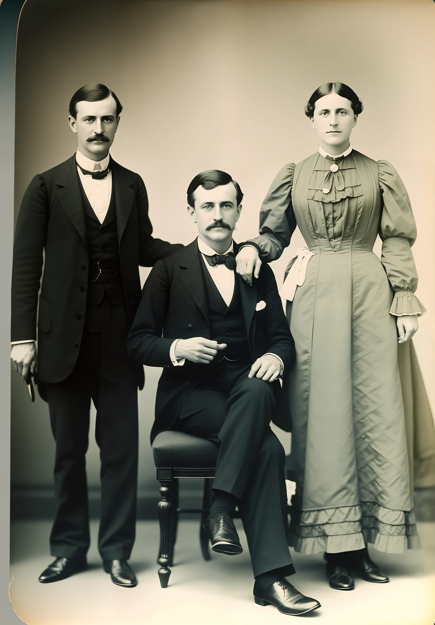 there are three people posing for a picture in a photo booth, colorized 1 9 0 4 photo, colorized photograph, colorized photo, a colorized photo, colourized, hand - tinted, colorized, colorized photon, inspired by Pedro Álvarez Castelló, restored color, colorized background, family portrait, colourised, victorian era, photo in color