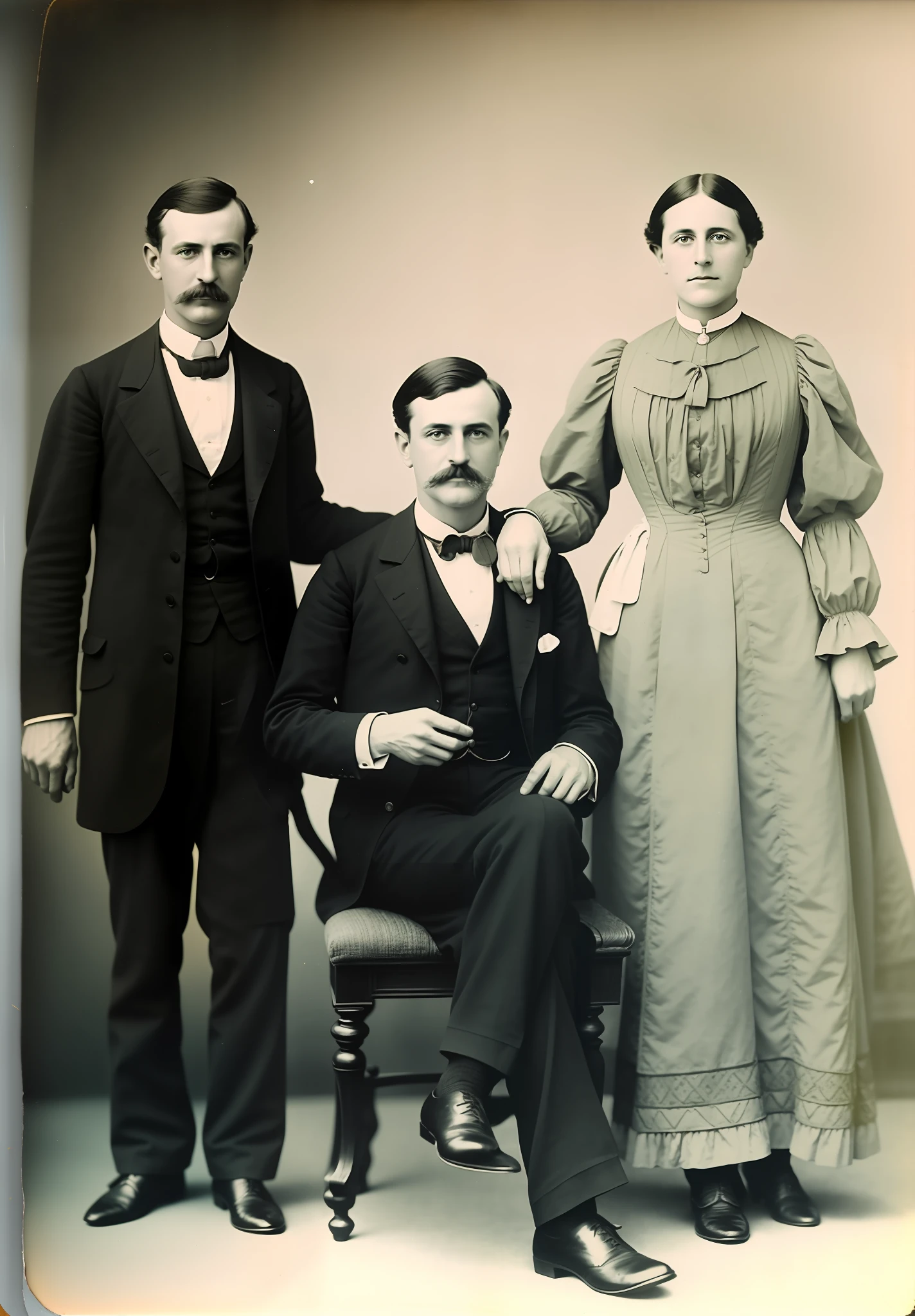 there are three people posing for a picture in a photo booth, colorized 1 9 0 4 photo, colorized photograph, colorized photo, a colorized photo, colourized, hand - tinted, colorized, colorized photon, inspired by Pedro Álvarez Castelló, restored color, colorized background, family portrait, colourised, victorian era, photo in color