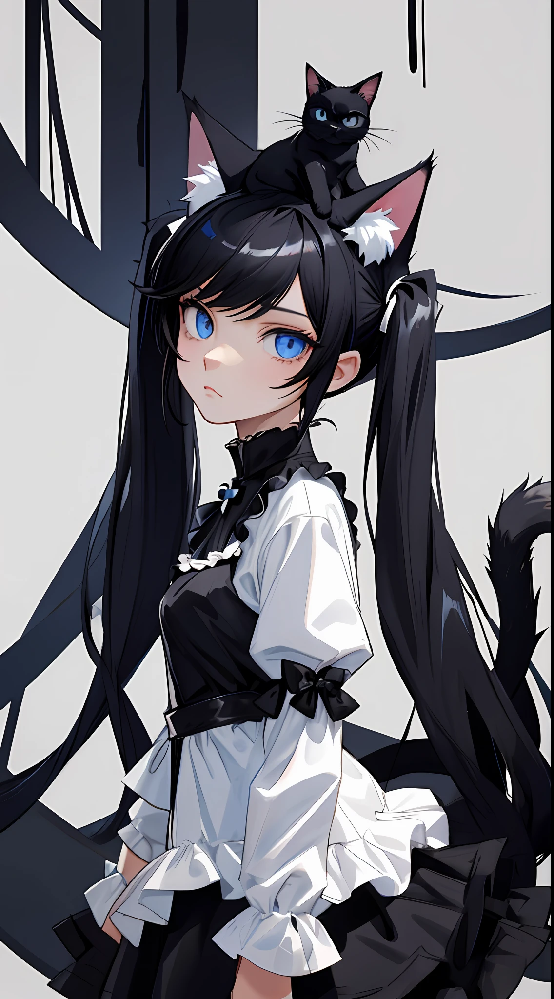 animal girl,black animal hair,twintails,cat ears,blue eyes,expressionless,black cat on head,tail,